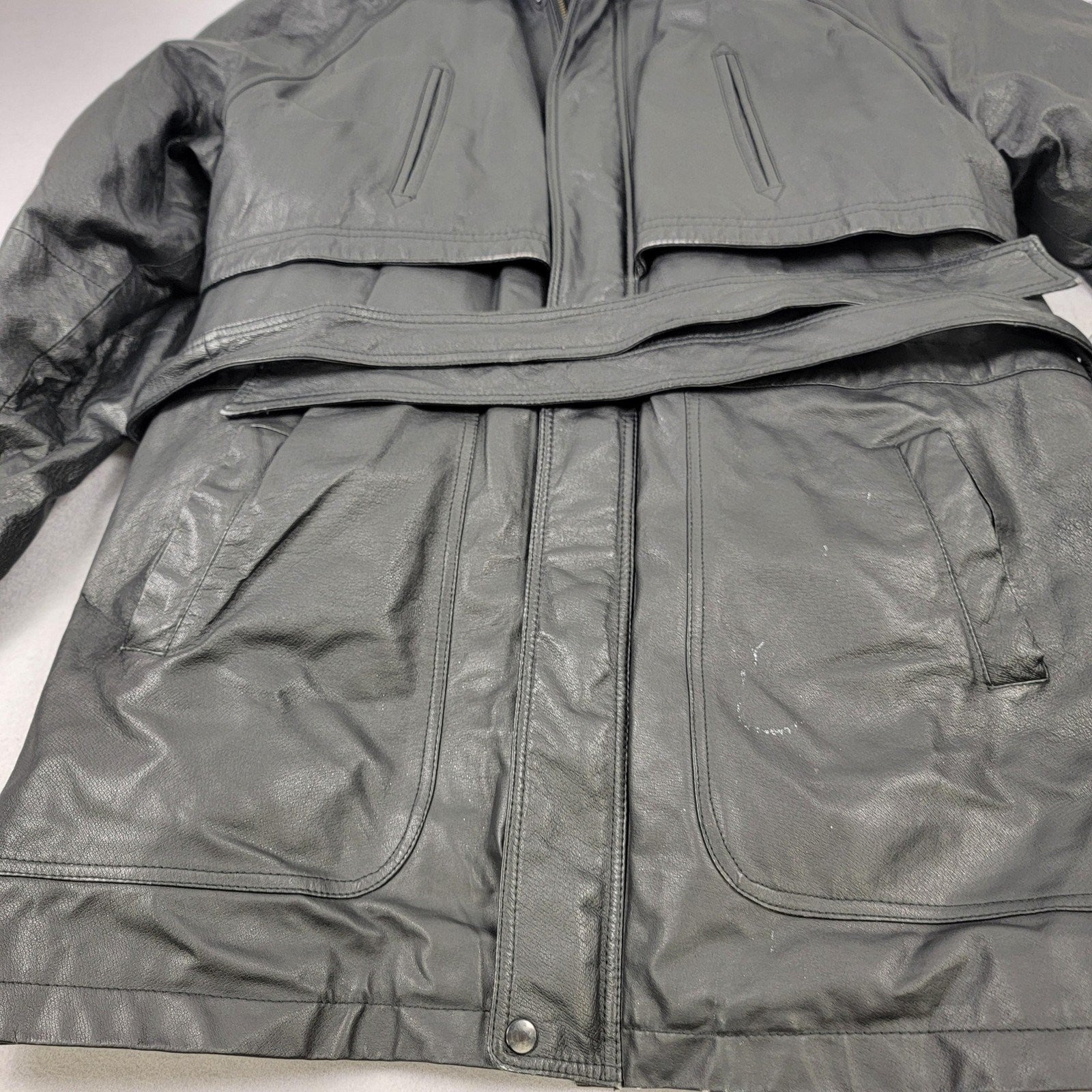 Wilda Leather Trench Coat Mens 2XL Black Belted Storm Flap Duster Jacket2