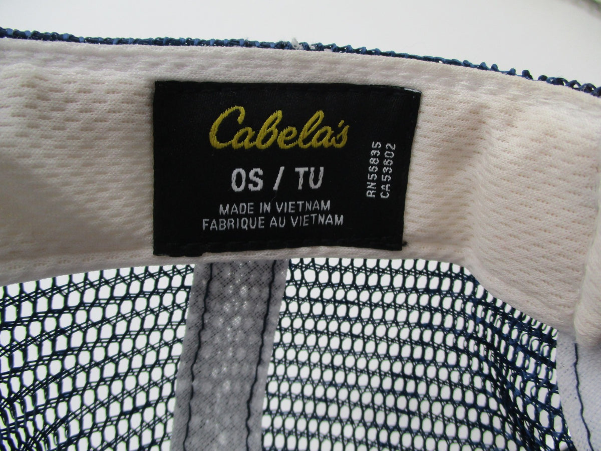 Cabela's Hat Cap Snap Back Mens One Size Blue White Mesh Trucker Script Logo11