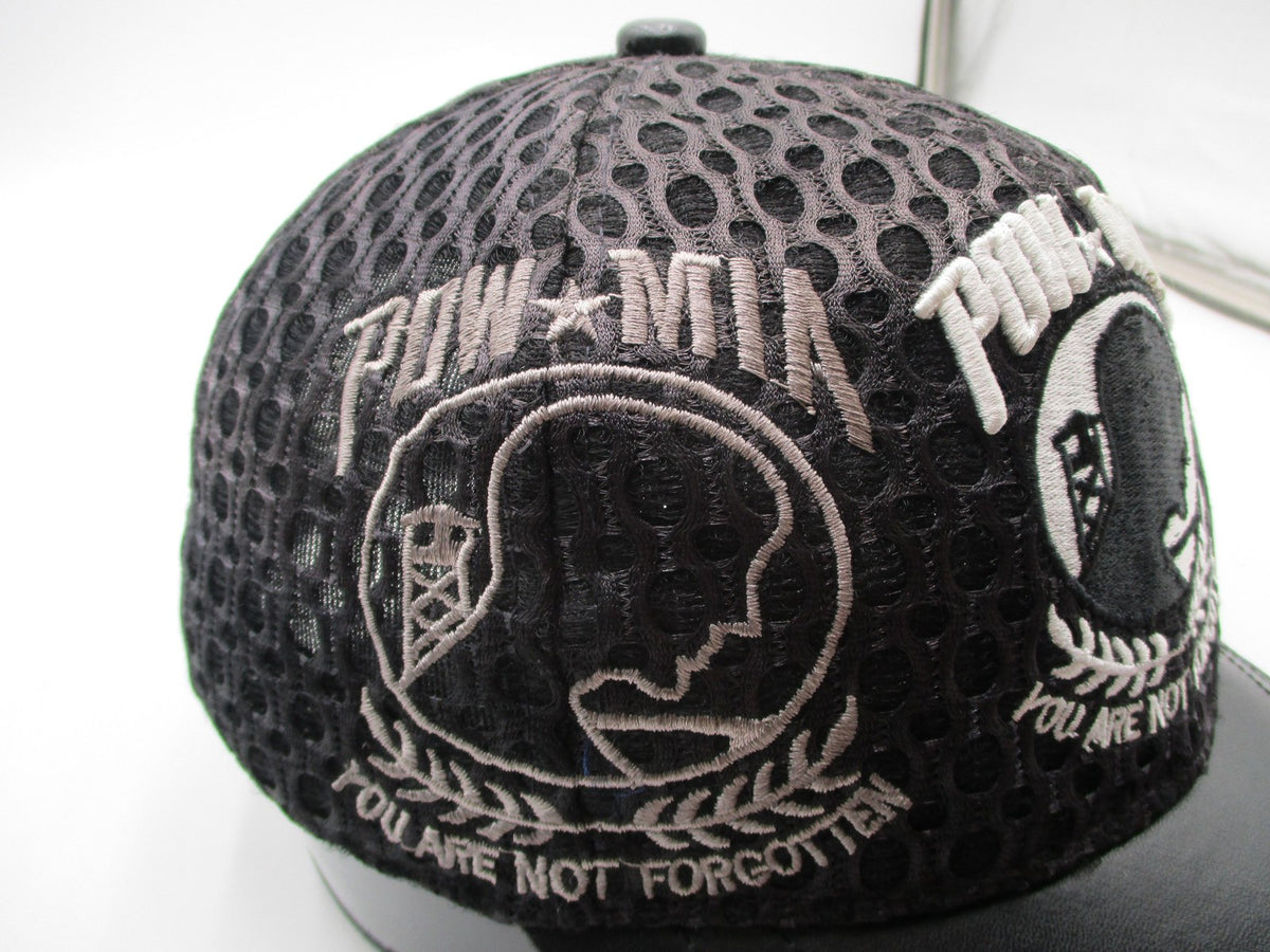 JWM POW MIA Hat Cap Strap Back Mens One Size Black Mesh Faux Leather Embroidered9