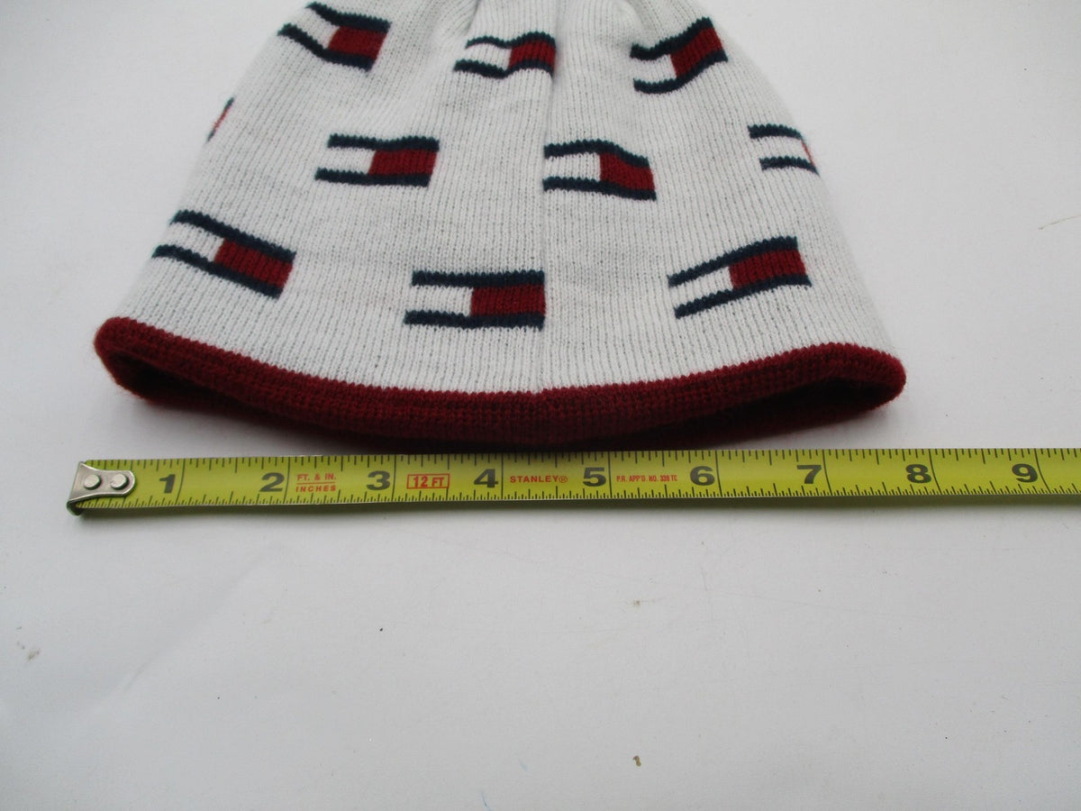 Tommy Hilfiger Hat Cap Beanie Mens One Size White Red Logo Reversible Knit2