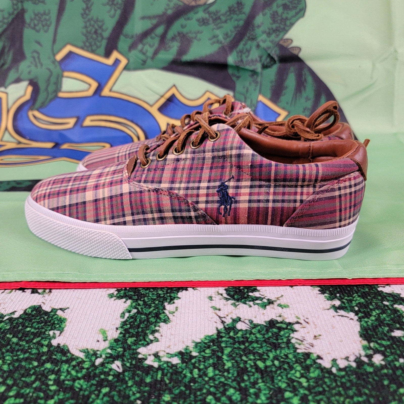 Ralph Lauren Polo Vaughn Boat Deck Shoes Wine Plaid Sz 8D1