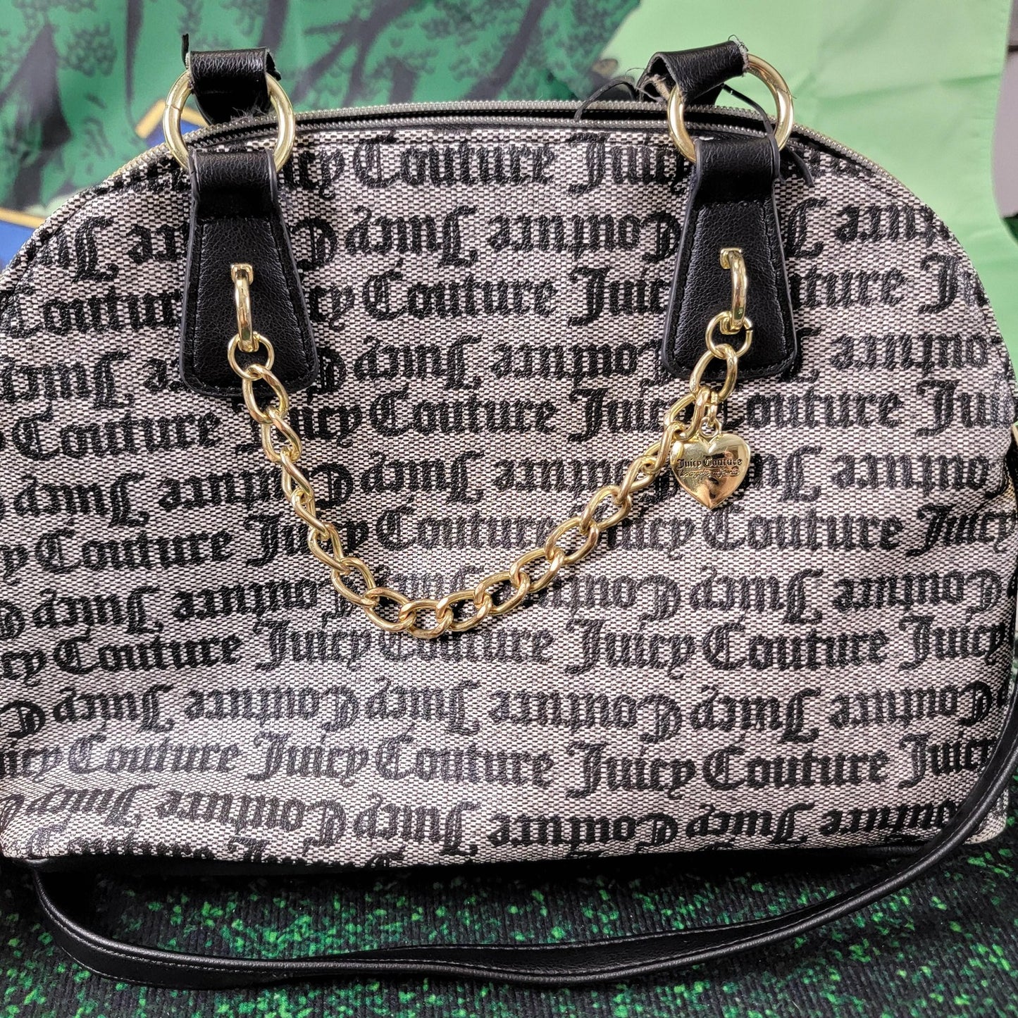 Juicy Couture Satchel Bag Womens Barrel Purse Handbag Gold Chain Black Beige2
