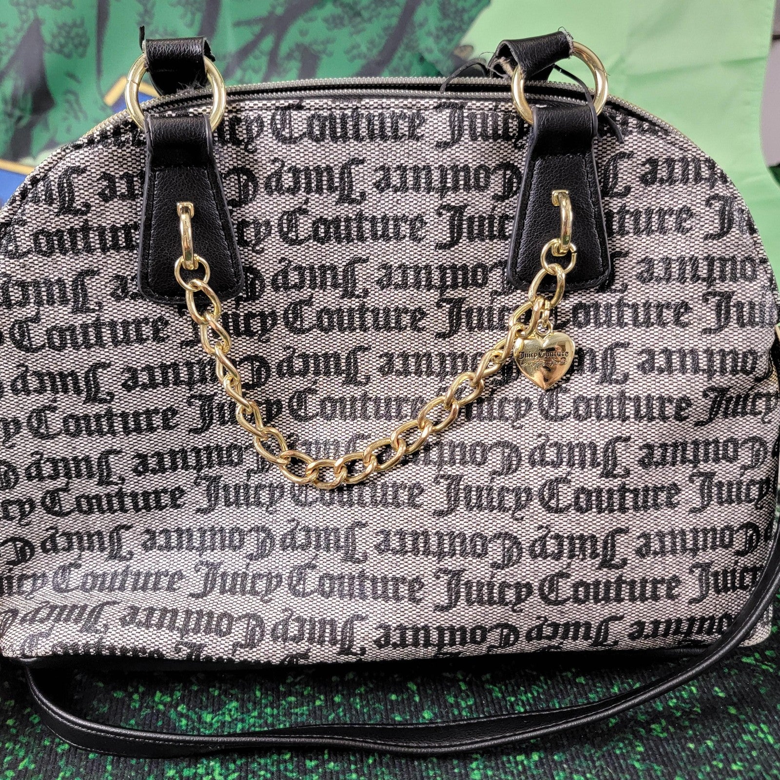 Juicy Couture Satchel Bag Womens Barrel Purse Handbag Gold Chain Black Beige2