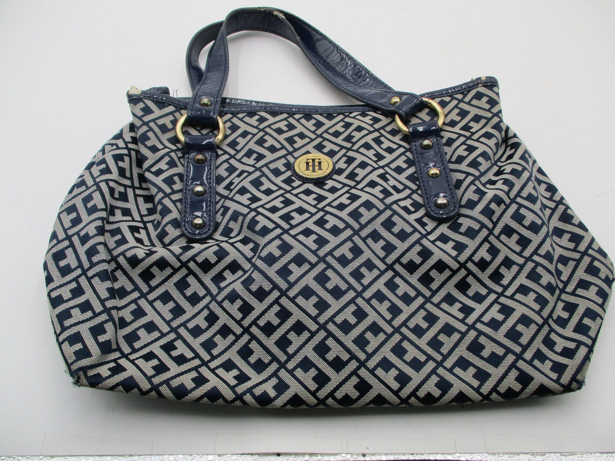 Tommy Hilfiger Shoulder Bag Womens Medium Blue Logo Canvas Faux Leather Studded0