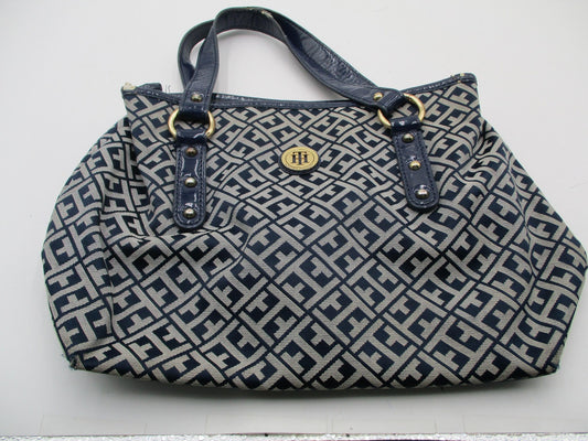 Tommy Hilfiger Shoulder Bag Womens Medium Blue Logo Canvas Faux Leather Studded0