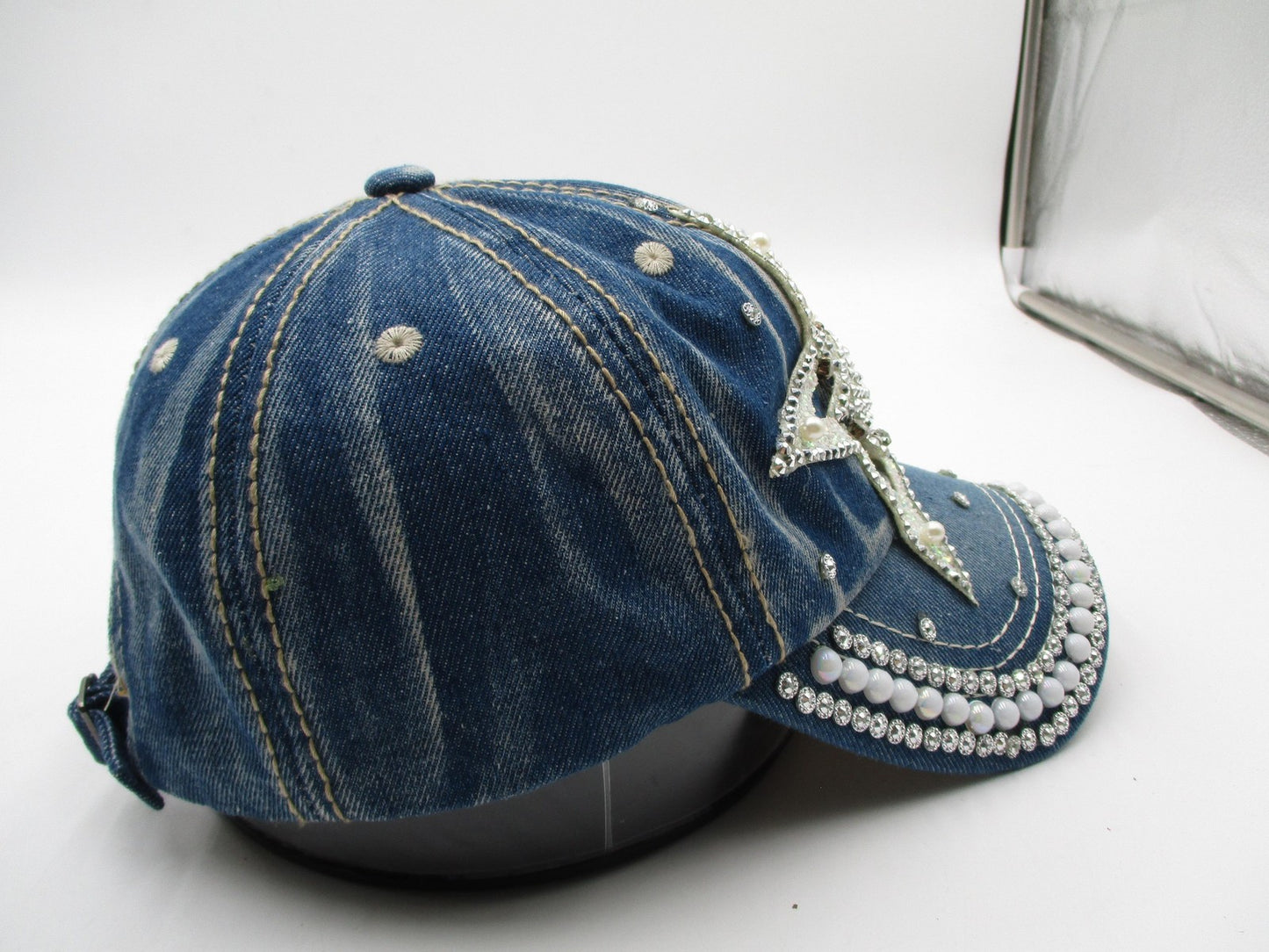 Rhinestone Star Hat Cap Strap Back Blue Denim Beaded Pearl Adjustable Womens5