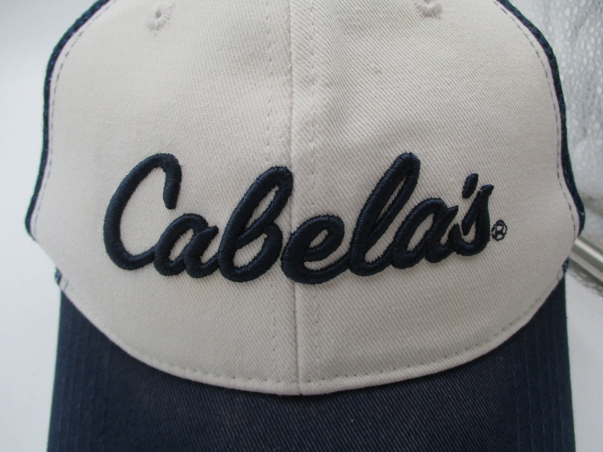 Cabela's Hat Cap Snap Back Mens One Size Blue White Mesh Trucker Script Logo1