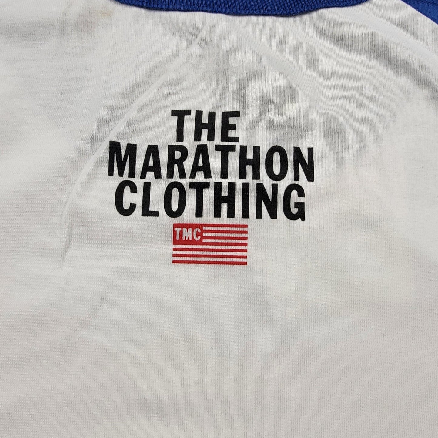 The Marathon Clothing Crenshaw Shirt Mens Small White Royal Raglan MRT886183