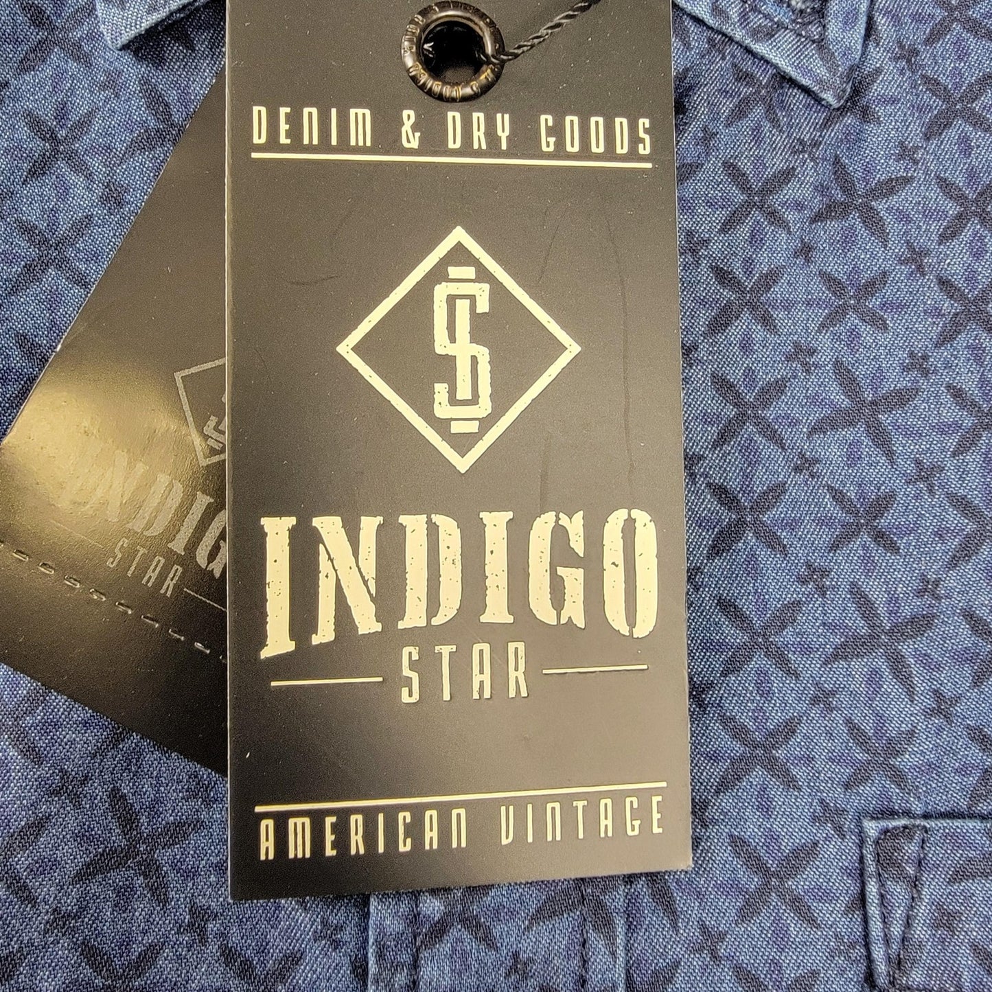 Indigo Star Shirt Mens Small Denim Long Sleeve Amumu Stone Wash Print