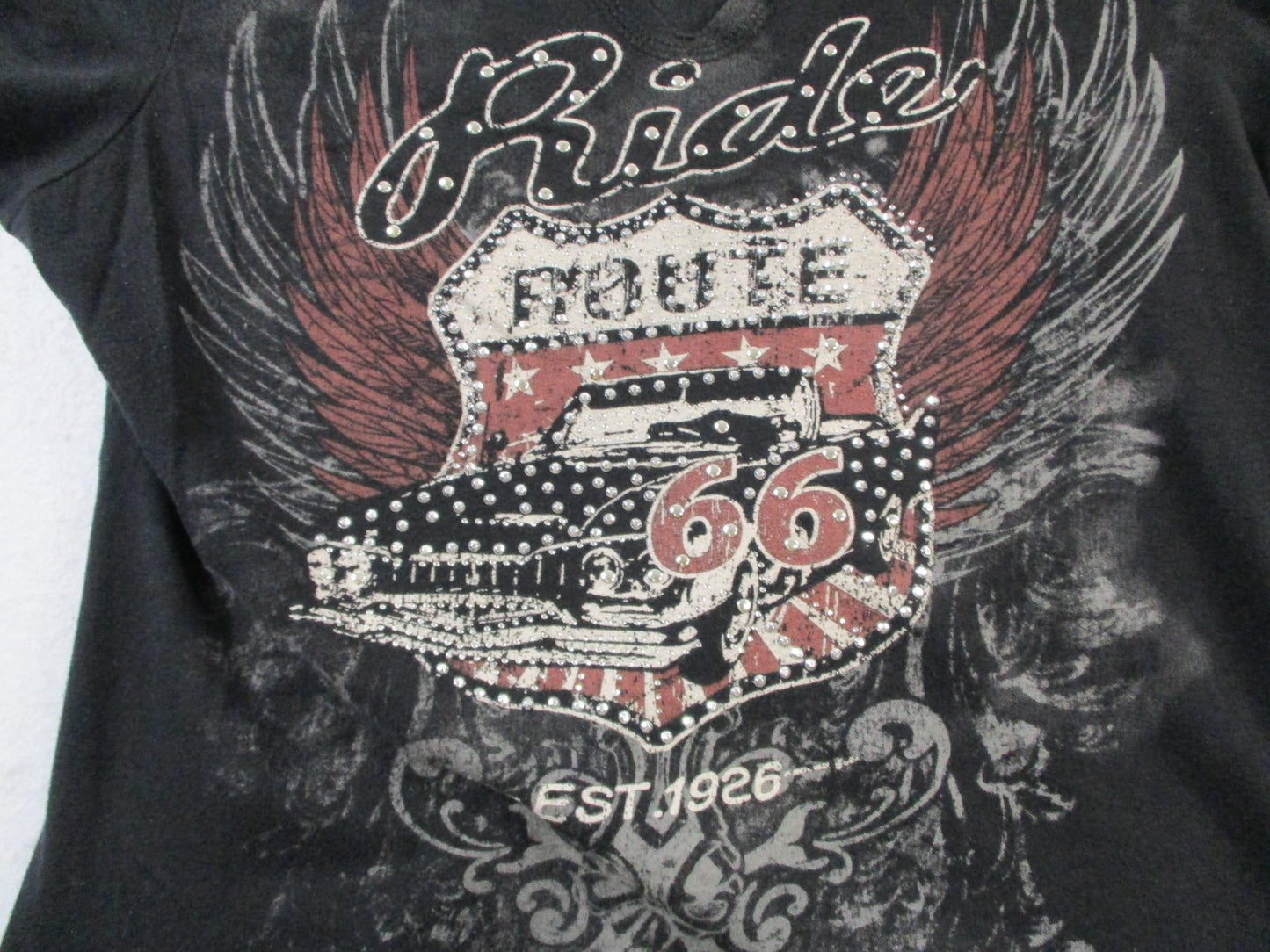 Shirt Womens Small Black Route 66 Rhinestone Graphic V Neck Short Sleeve Tee3