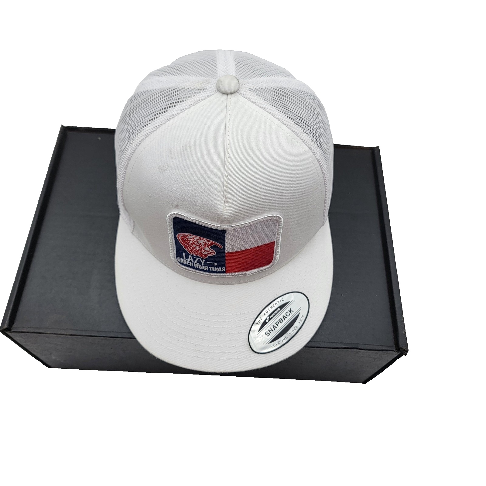 Lazy J Ranch Wear Texas White Snapback Hat Yupoong Mesh Trucker Cap Preowned1