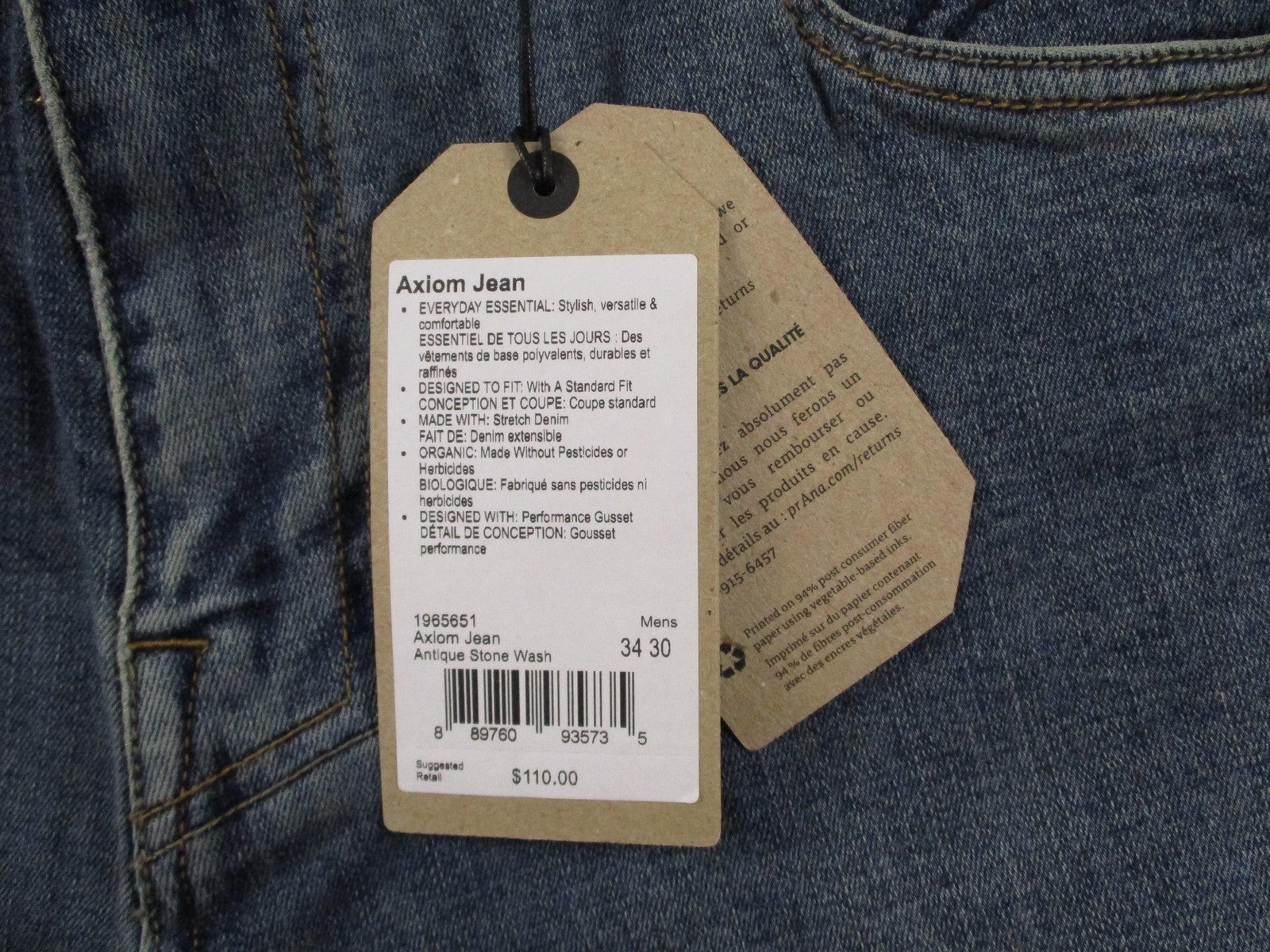 PrAna Axiom Jeans Mens 34x30 Blue Antique Stone Wash Straight Stretch Denim3