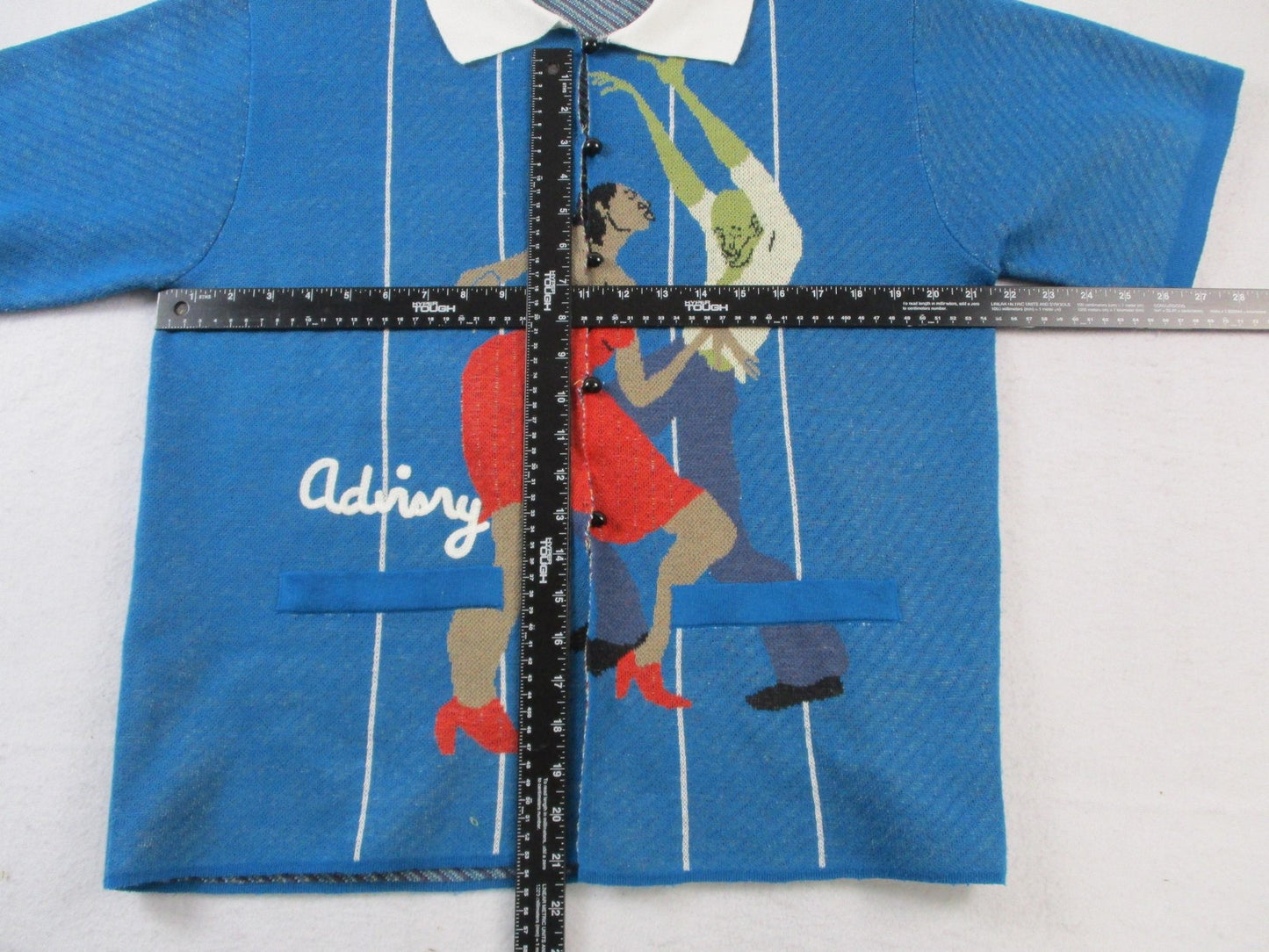 Advisry Cardigan Sweater Womens L Blue Dancing Couple Graphic Knit 14847