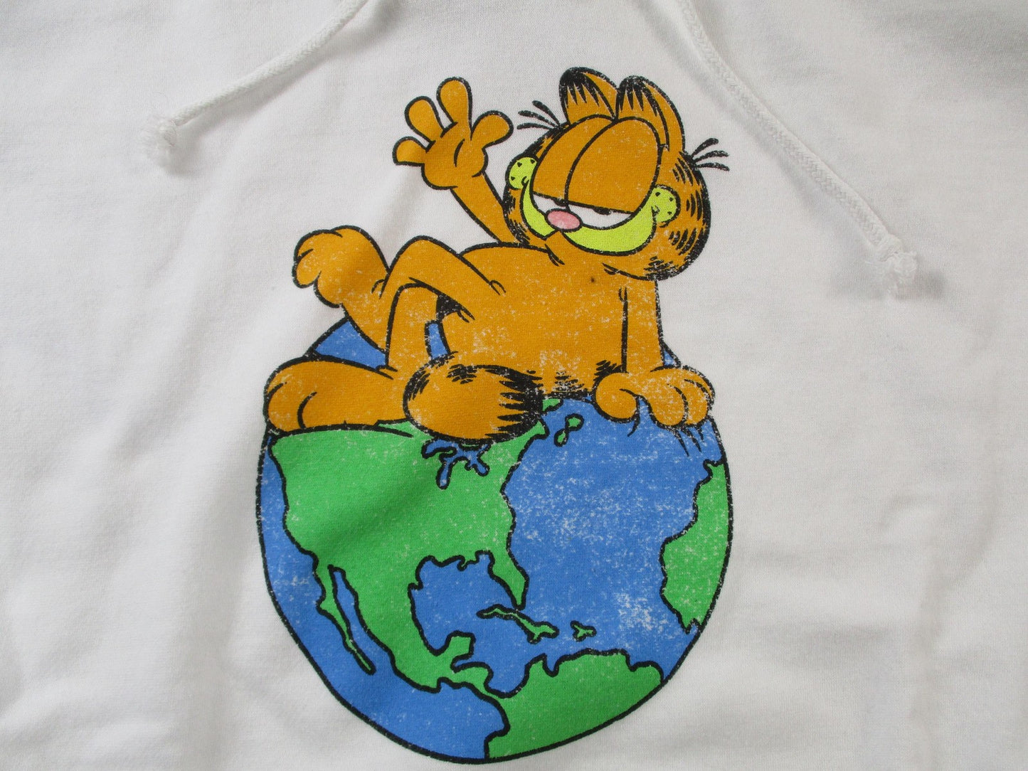 Garfield Hoodie Mens XL White Earth Globe Cartoon Cat Graphic Pullover 147814792
