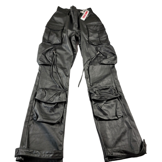 Smoke Rise Red Pants Mens Small Black Cargo Faux Leather Multi Pocket