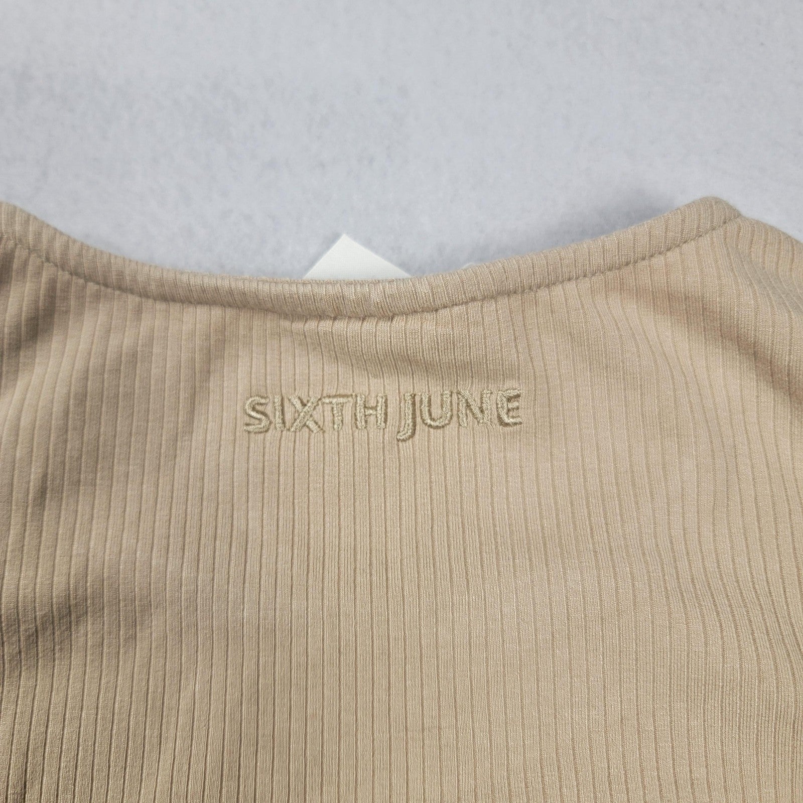 Sixth June Shirt Womens Large Beige Ruched Long Sleeve Ribbed Knit Top