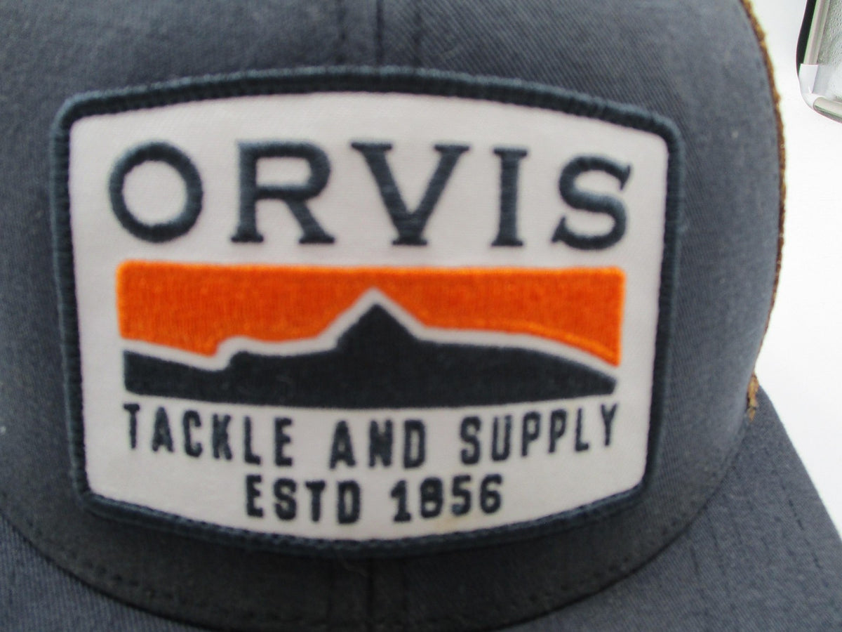 Orvis Hat Cap Snap Back Mens One Size Gray Brown Trucker Mesh Tackle Patch1
