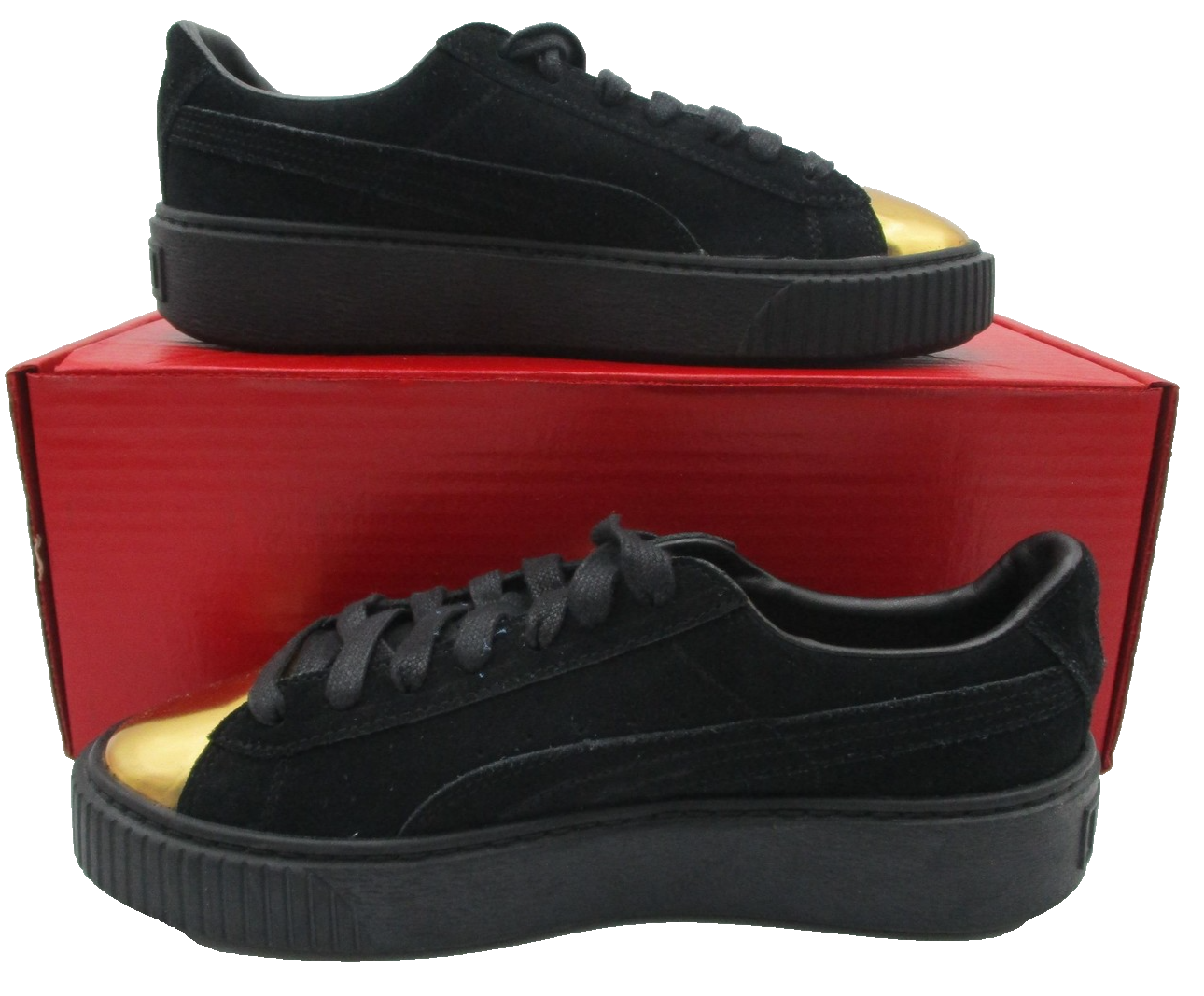 Puma Basket Platform Metallic Shoes Womens Size 8.5 Black Gold Toe 36222202 1R81