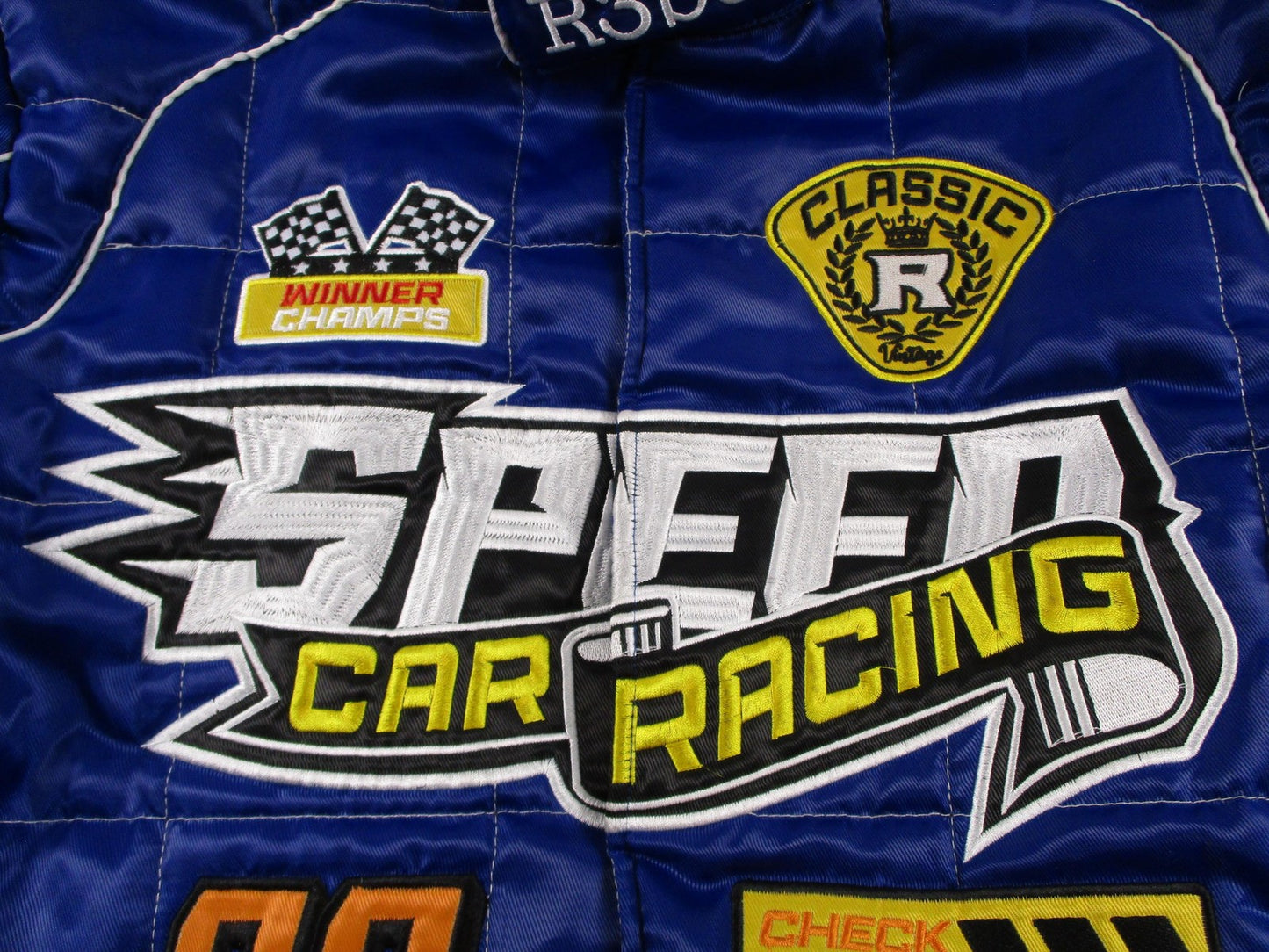 R3bel Jacket Mens 2XL Blue Racing Speed Car Graphic Quilted Satin Bomber12