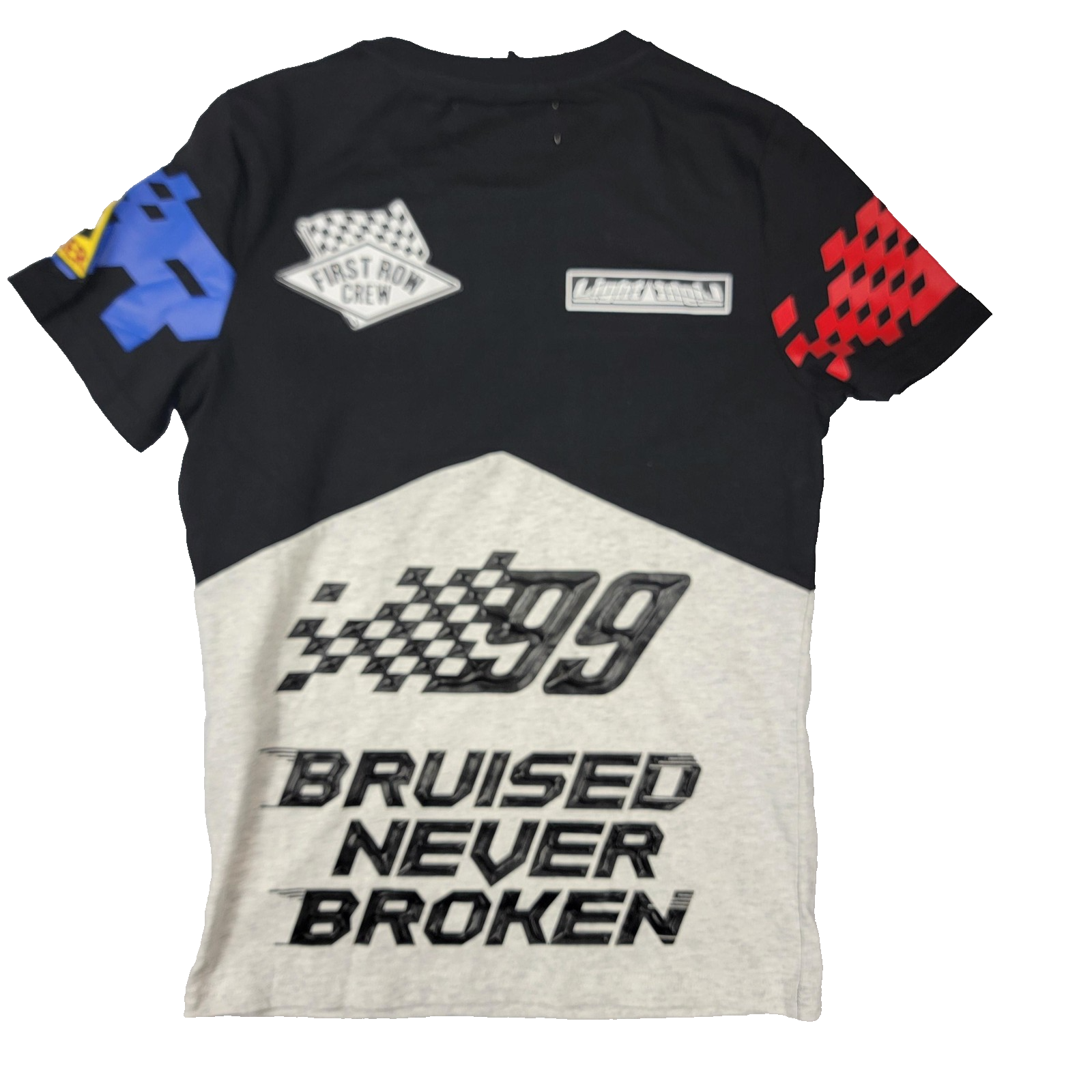 First Row Shirt Mens Med Black Gray Racing Patches Graphic 1st Row Crew New 11401