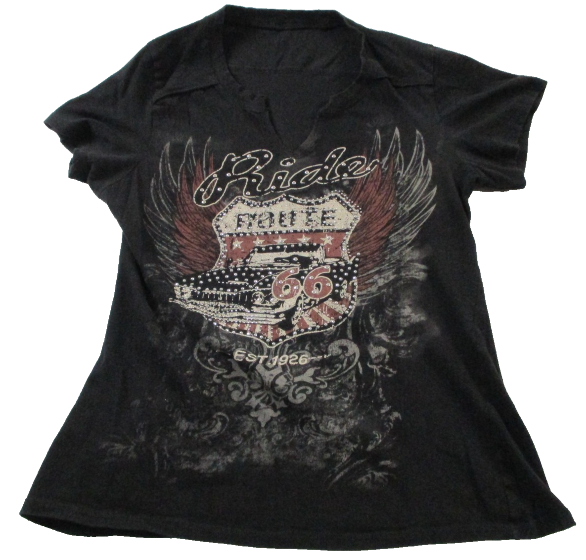 Shirt Womens Small Black Route 66 Rhinestone Graphic V Neck Short Sleeve Tee0