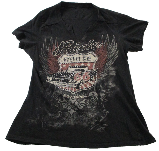Shirt Womens Small Black Route 66 Rhinestone Graphic V Neck Short Sleeve Tee0