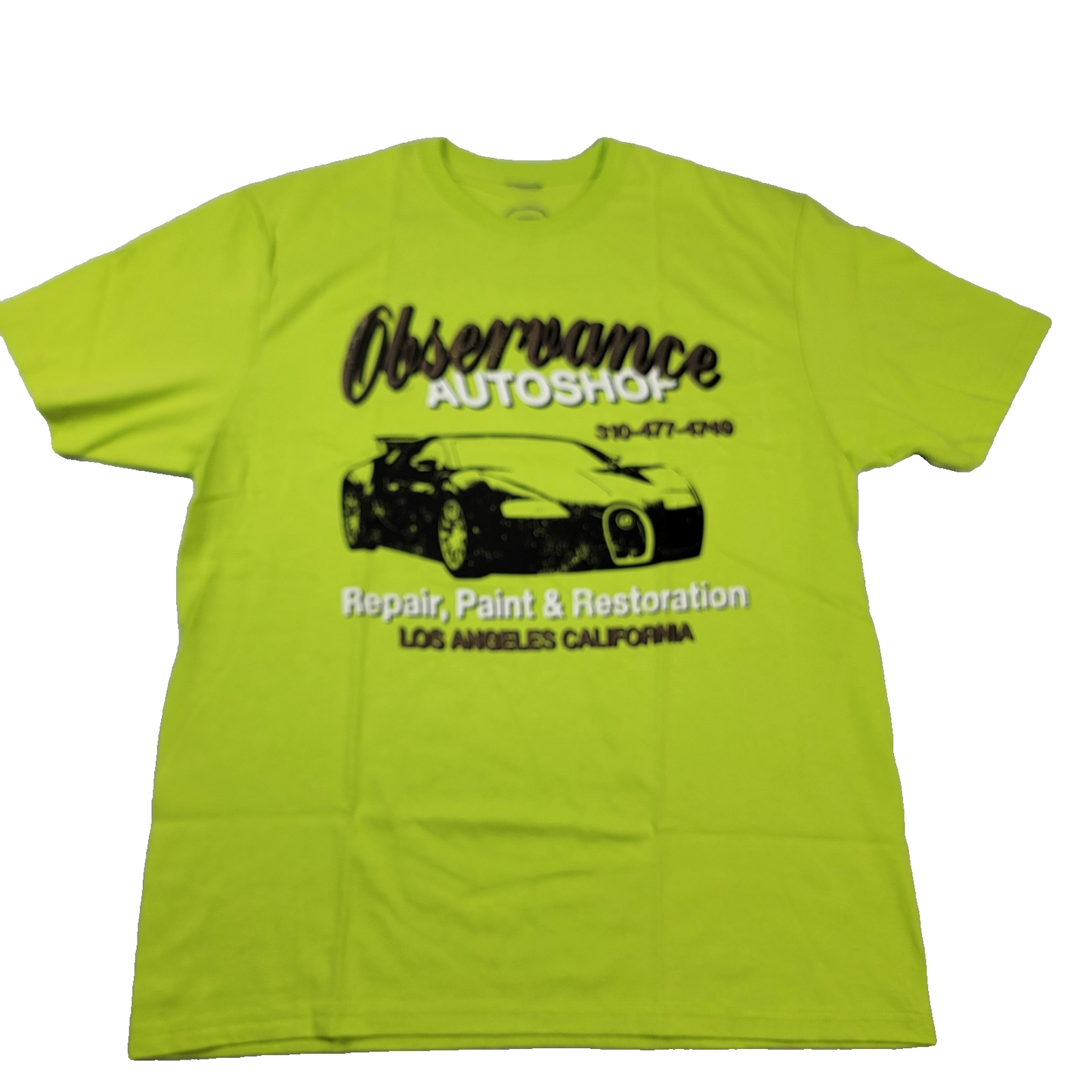 Observance Auto Shop TShirt Large Neon Green Car Graphic Los Angeles USA