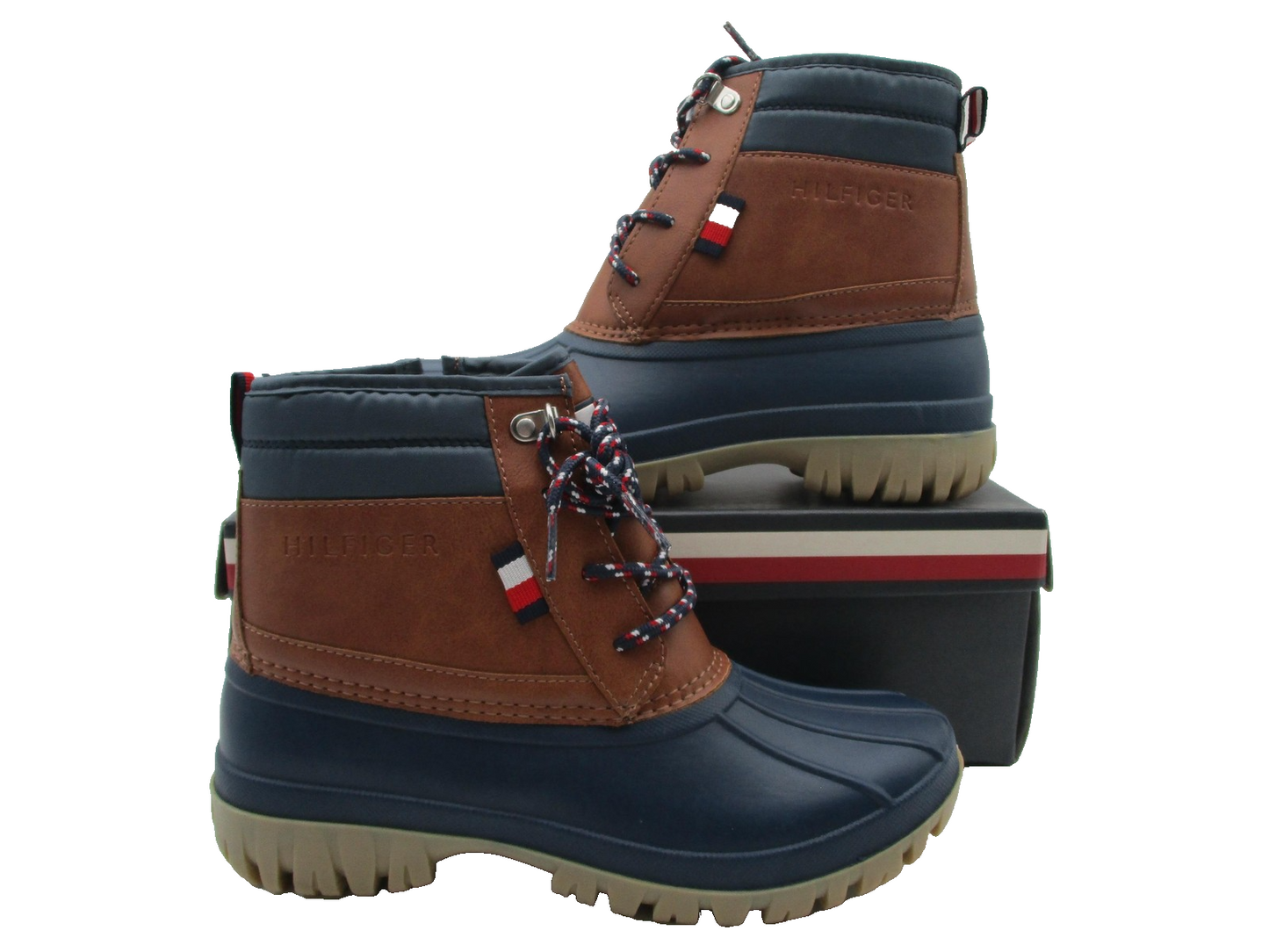 Tommy Hilfiger TH Danni Duck Boots Mens Size 6 Tan Navy Snow Winter Cold Weather0