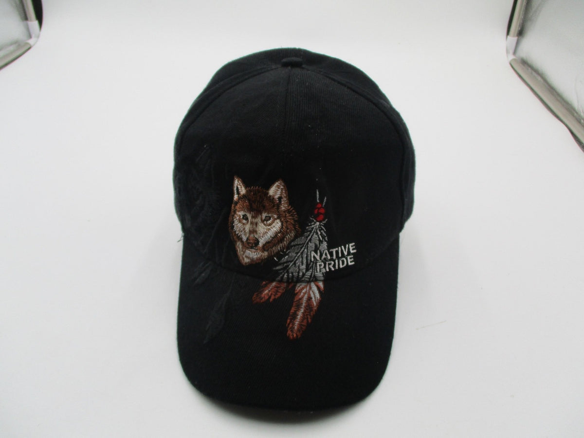 Native Pride Hat Cap Strap Back Mens One Size Black Wolf Feathers Embroidered1
