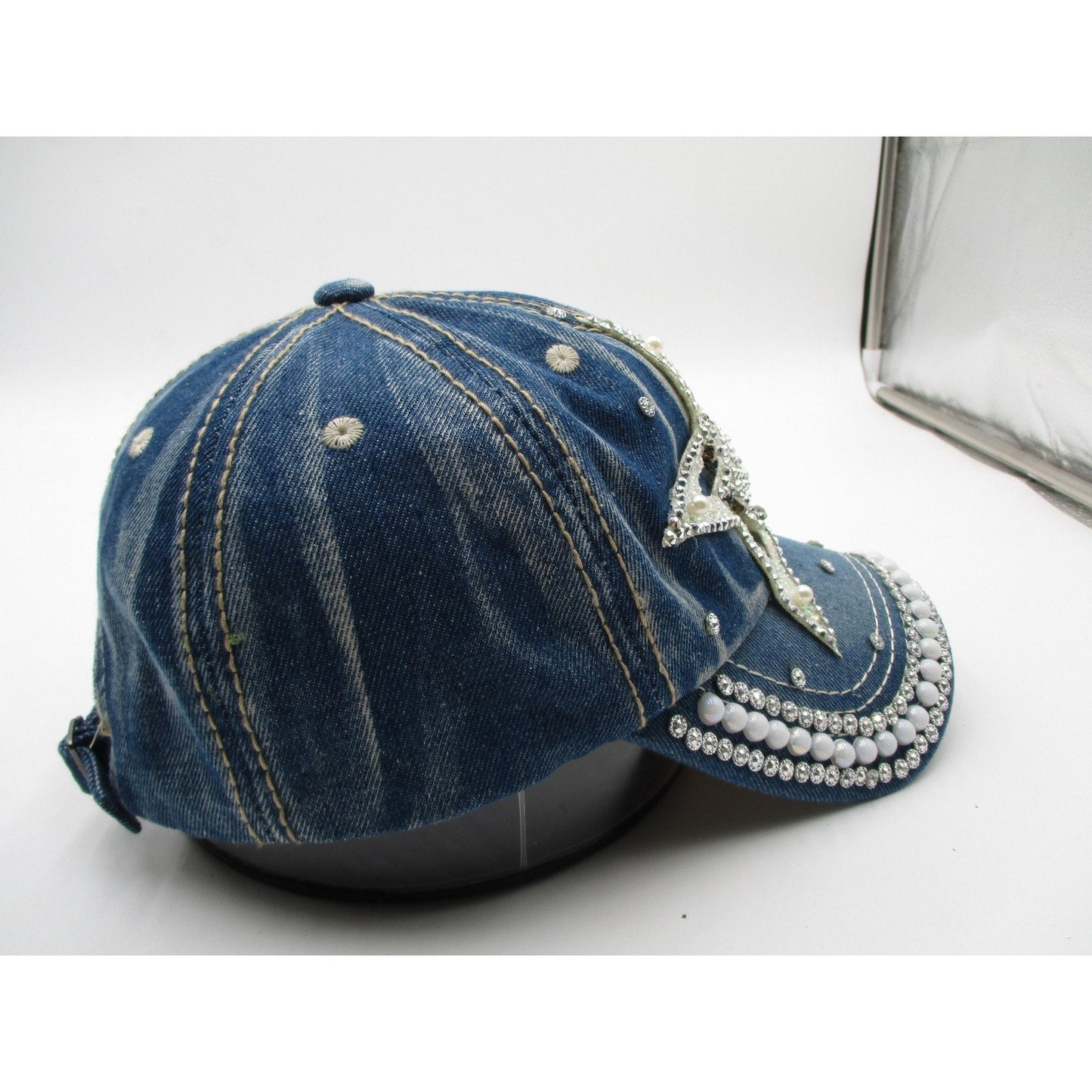 Rhinestone Star Hat Cap Strap Back Blue Denim Beaded Pearl Adjustable Womens