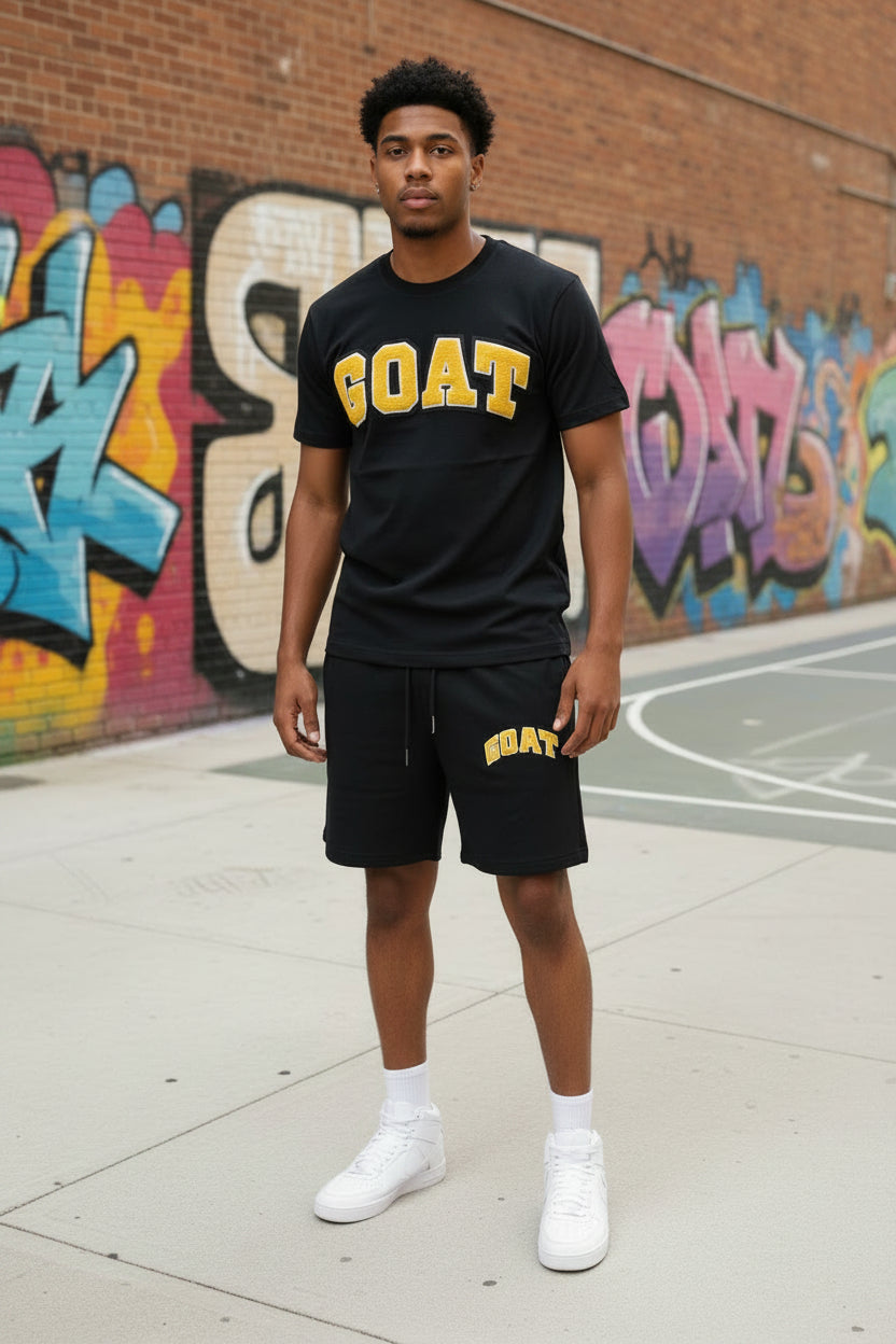 SneakGallery GOAT Chenille Tee Shorts Set Black Yellow Small NWT Streetwear0