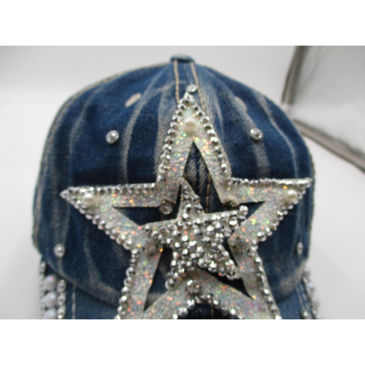 Rhinestone Star Hat Cap Strap Back Blue Denim Beaded Pearl Adjustable Womens