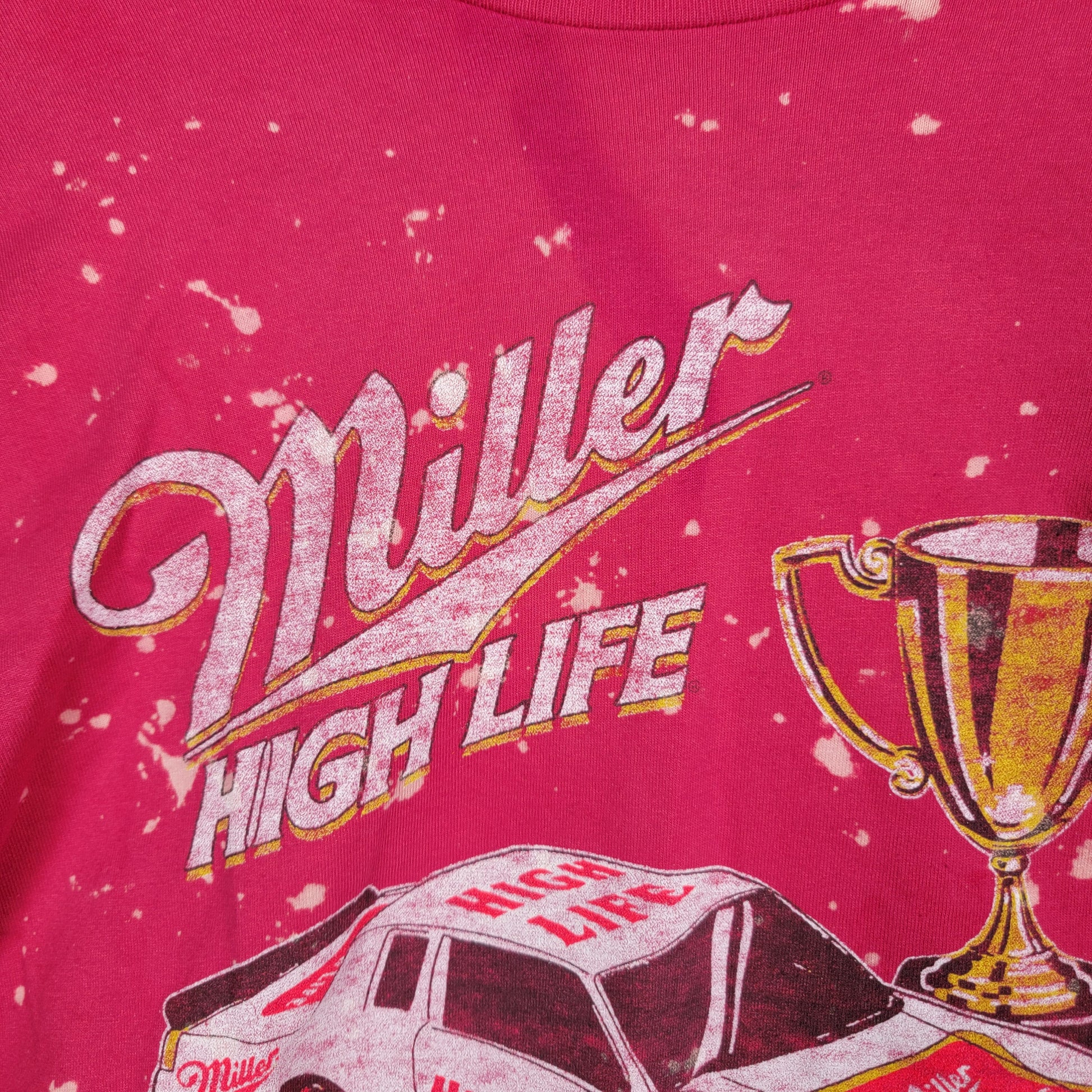 Junk Food Miller High Life Racing Shirt Womens M Red Bleach Splatter T Shirt1