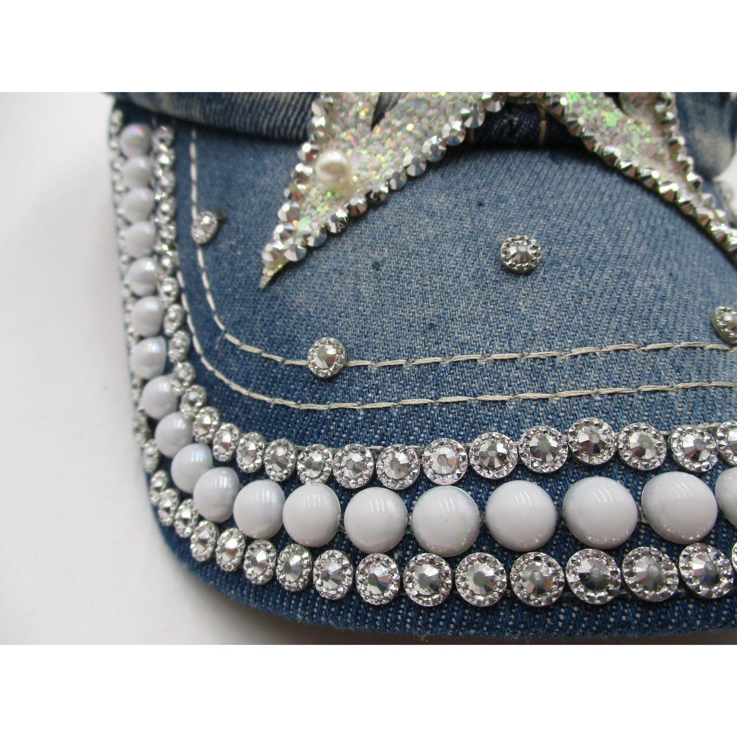 Rhinestone Star Hat Cap Strap Back Blue Denim Beaded Pearl Adjustable Womens