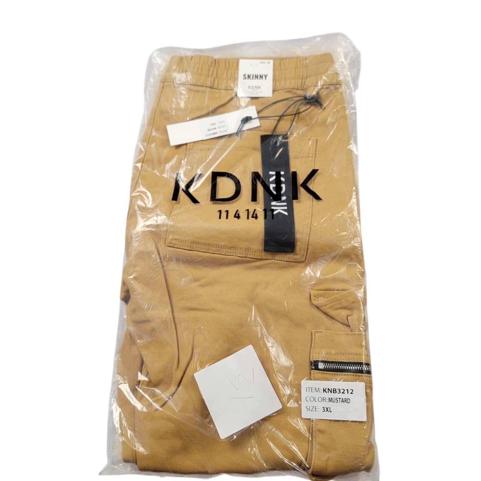 KDNK Mens Skinny Cargo Jogger Pants 3XL Mustard Zip Pockets Drawstring NWT7