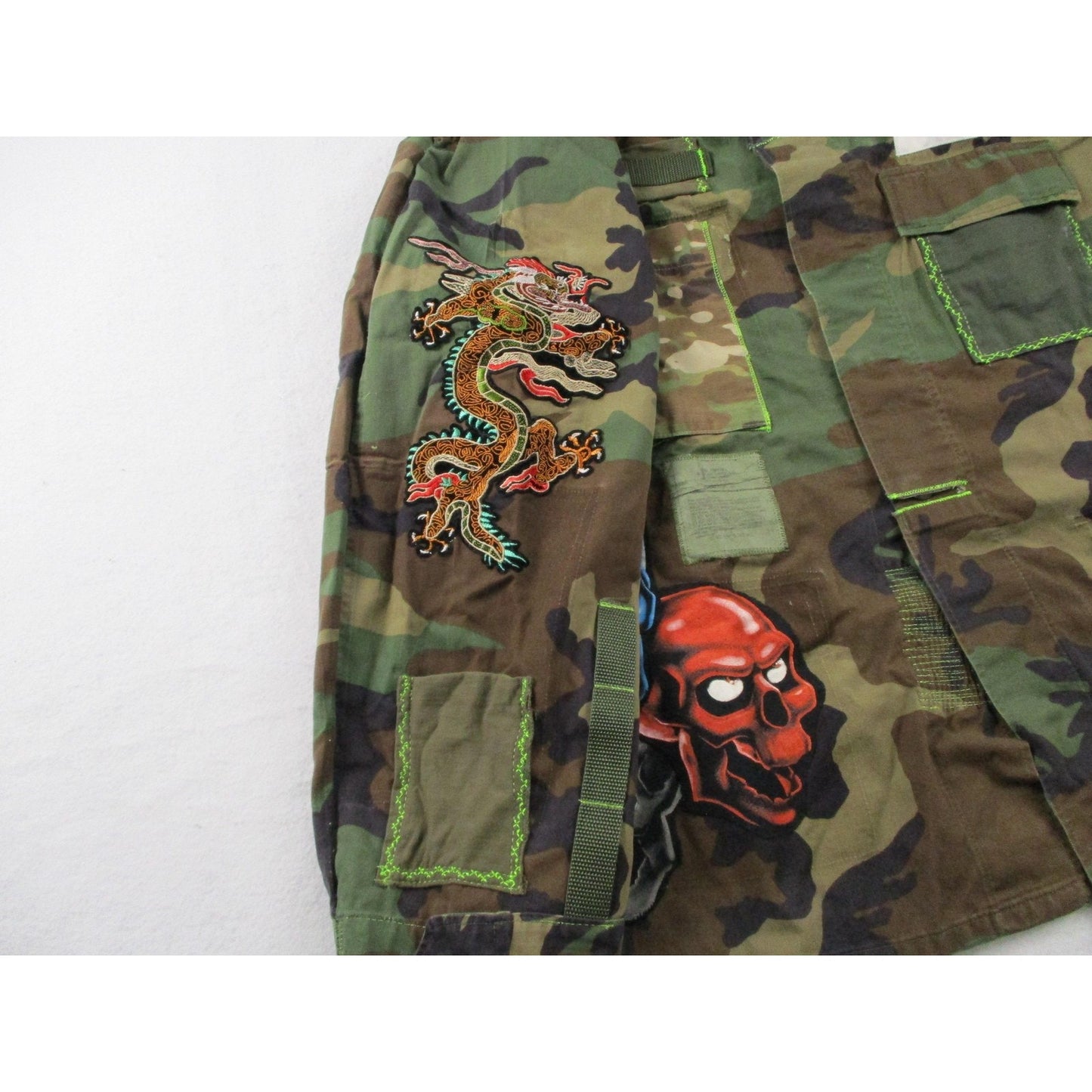 Aboves Garden Custom Jacket Mens Xlt Green Camo Military Skull Dragon Patchwork