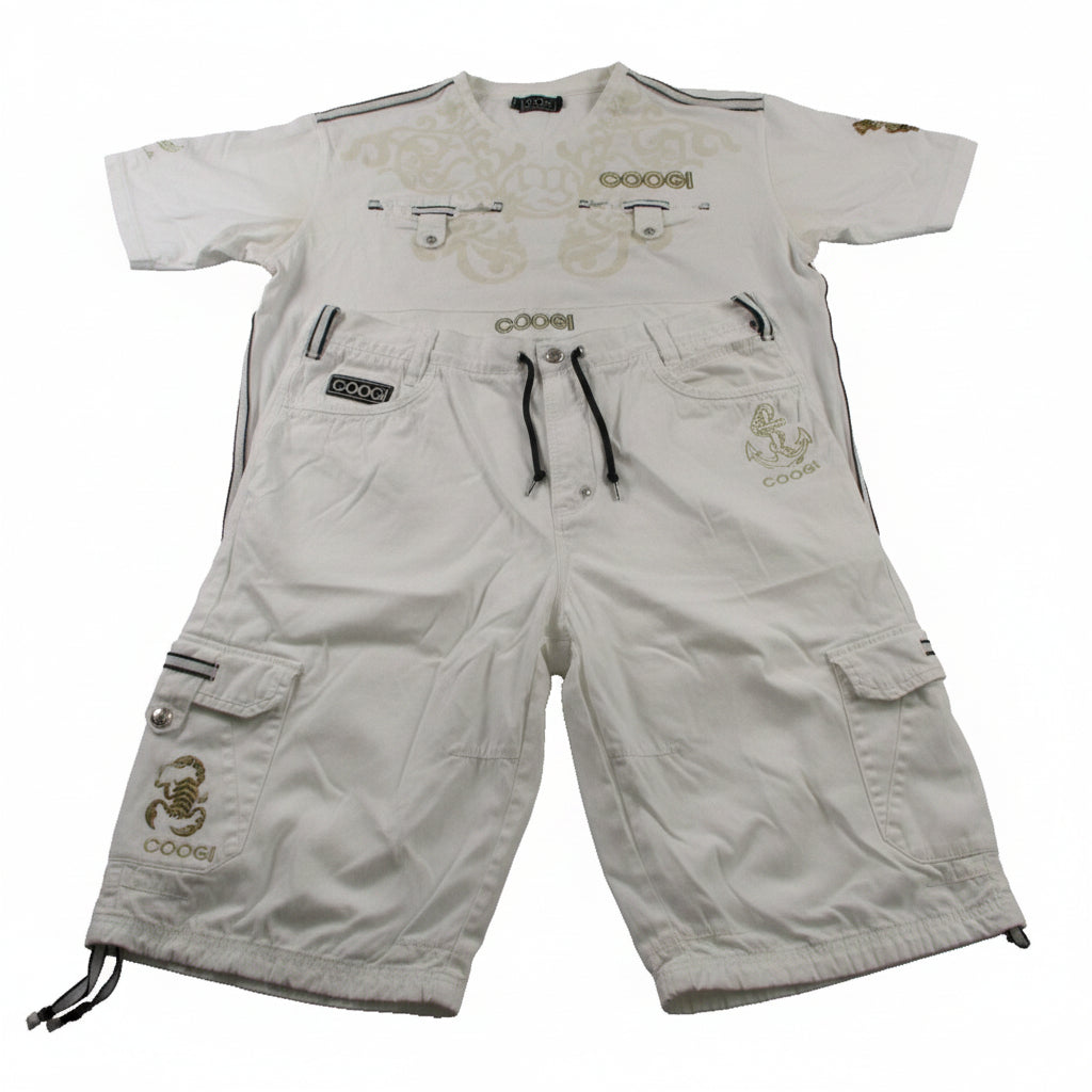 Coogi Shirt Cargo Shorts Mens 42 White Nautical Anchor Crest Graphic Set 1675