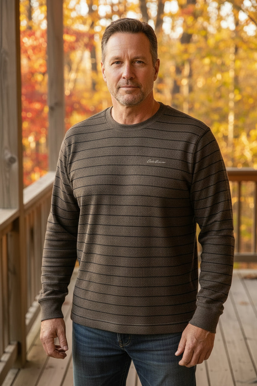 Eddie Bauer Sweater Mens 2XL Brown Thermal Stripe Waffle Knit Pullover