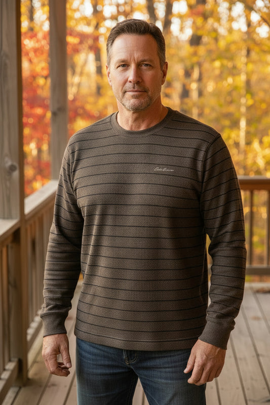 Eddie Bauer Sweater Mens 2XL Brown Thermal Stripe Waffle Knit Pullover