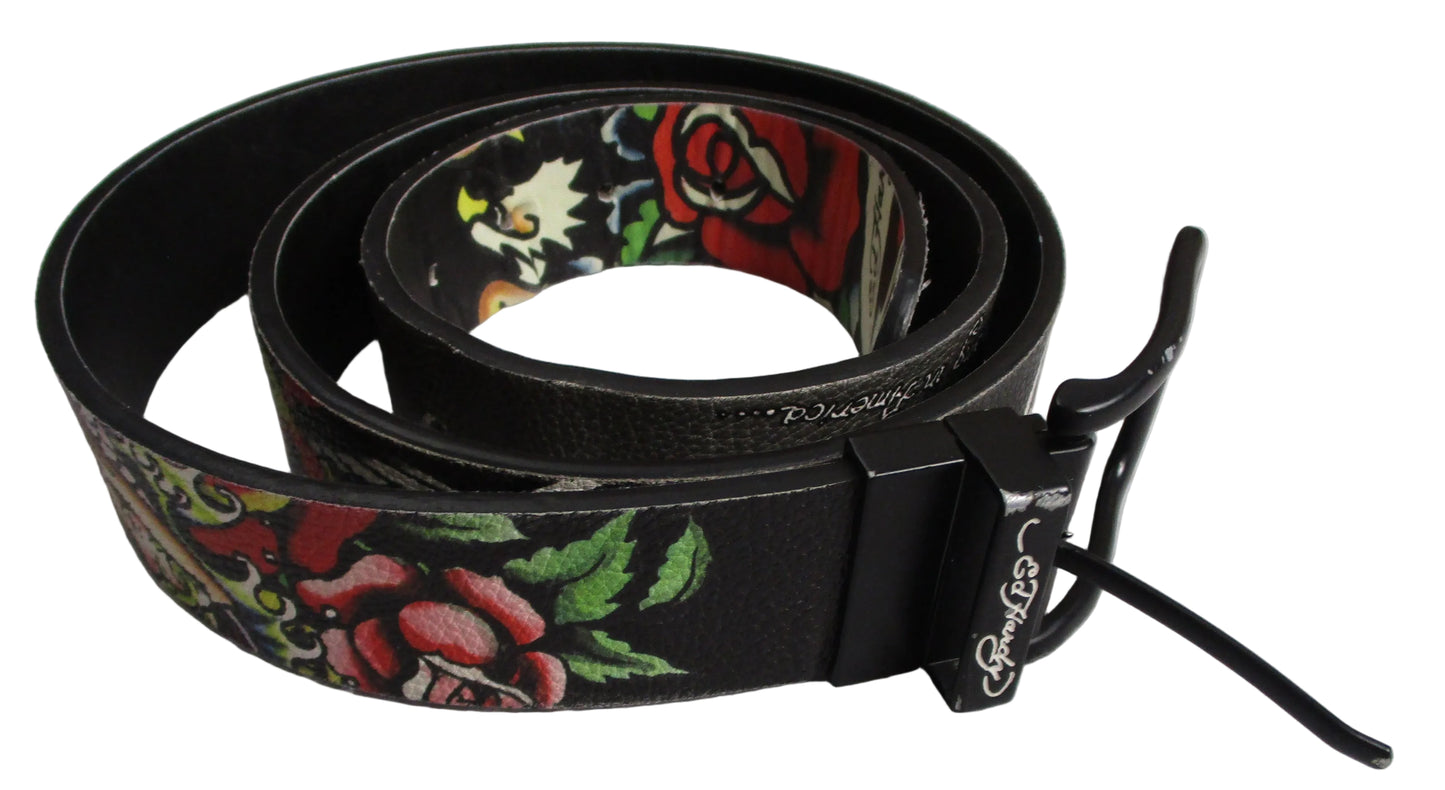 Ed Hardy Belt Mens Size 42 Multicolor Skull Rose Tattoo Graphic Rock Buckle