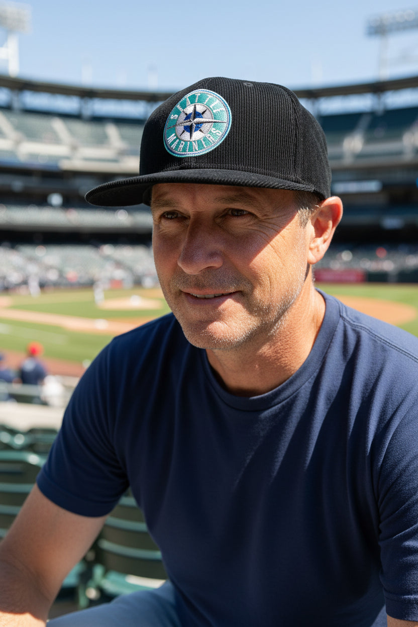 Seattle Mariners Hat Cap Fitted Mens 7 5/8 Black MLB Baseball Corduroy New Era
