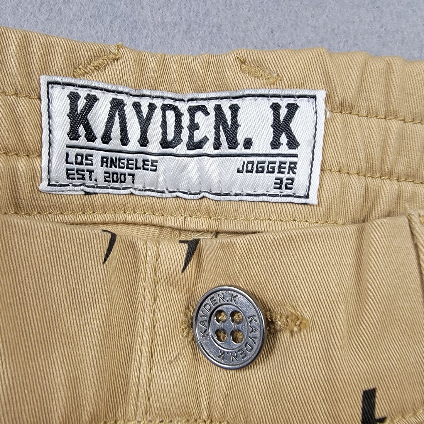 Kayden K Los Angeles Lightning Bolt Print Jogger Pants Men 32 NWOT Khaki Tan