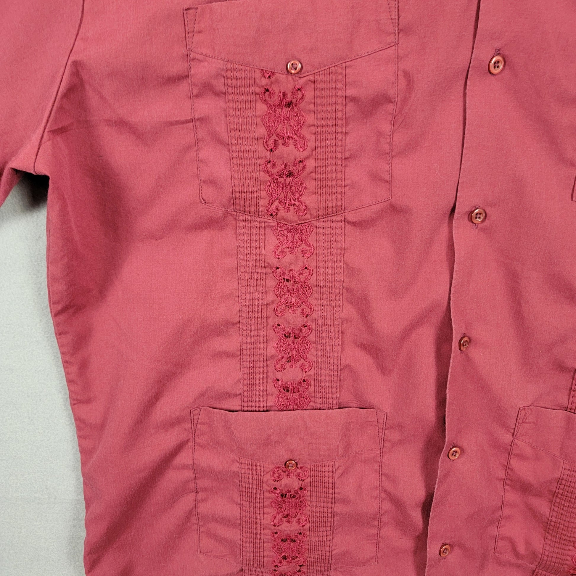 Omega Italy Guayabera Shirt Burgundy Embroidered Mens 2XL Preowned Pockets3