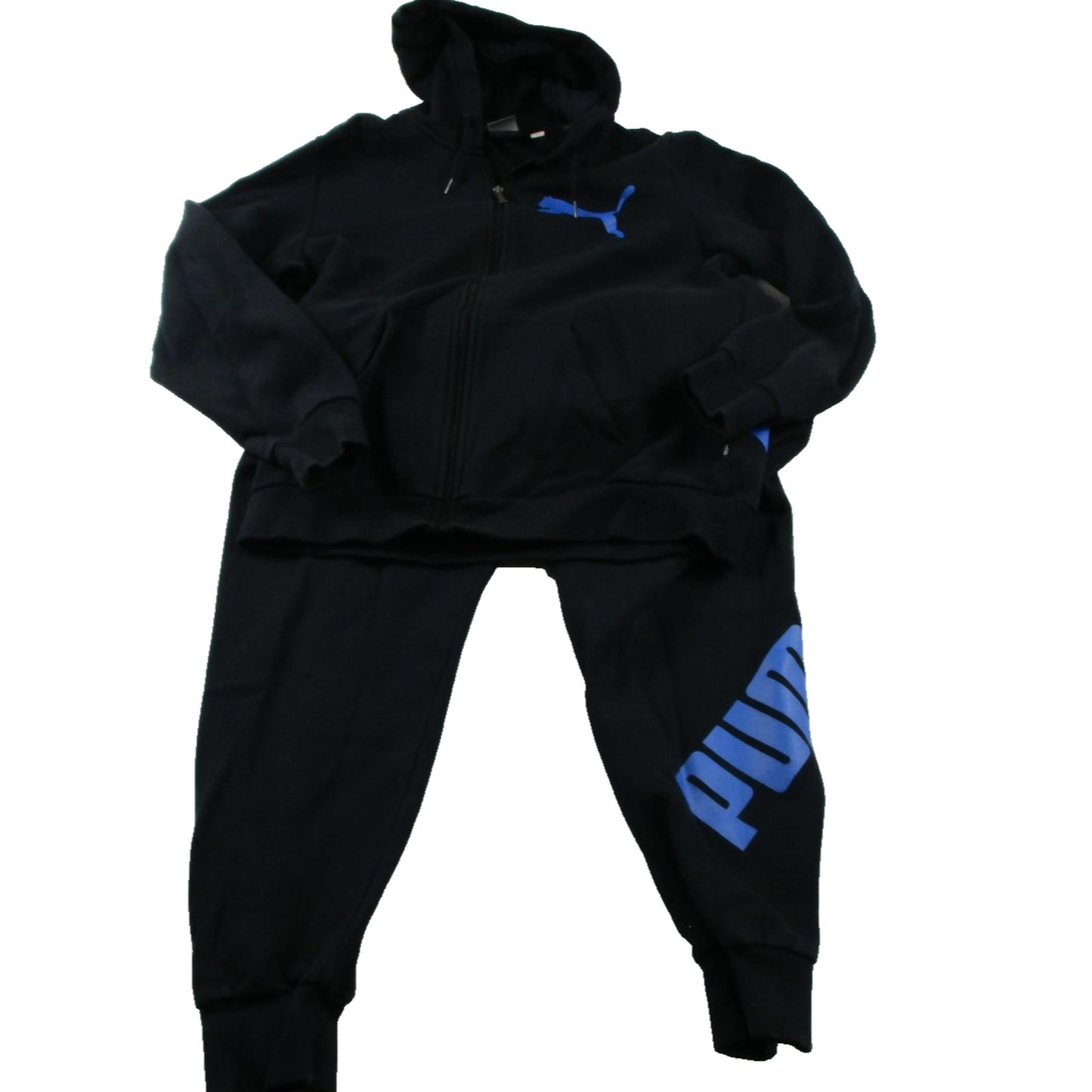 Puma Tracksuit Men Large Black Blue Logo Fleece Hoodie Jogger Sweatsuit Set 1690