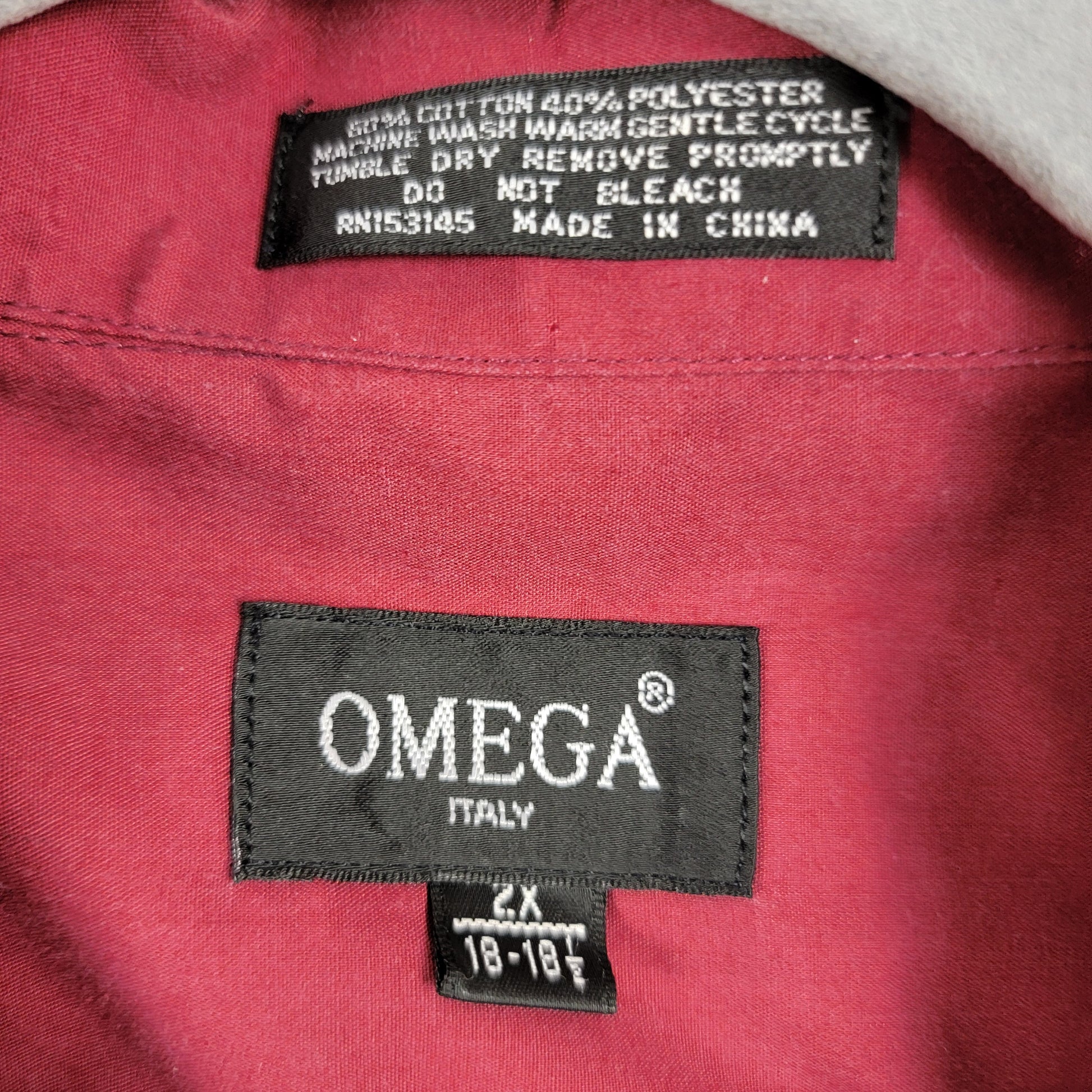 Omega Italy Guayabera Shirt Burgundy Embroidered Mens 2XL Preowned Pockets2