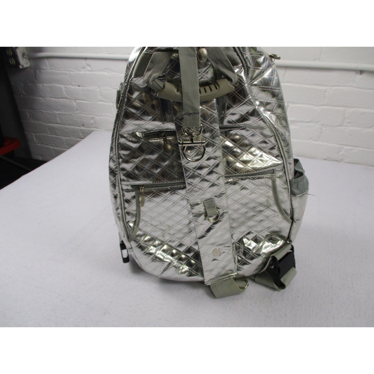 Life Is Tennis Metallic Quilted Backpack Bag Silver Tennis Racket Holder Gear