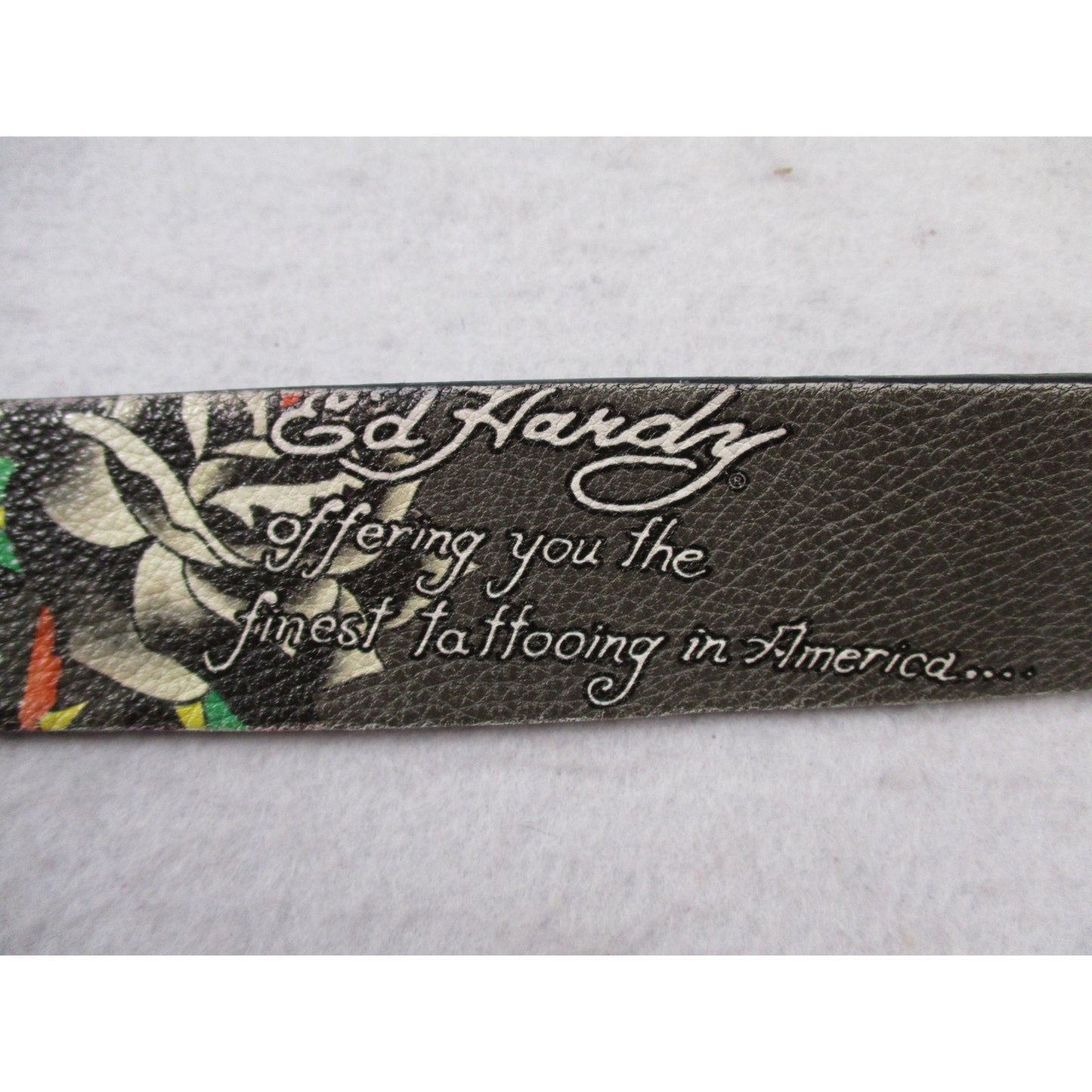 Ed Hardy Belt Mens Size 42 Multicolor Skull Rose Tattoo Graphic Rock Buckle