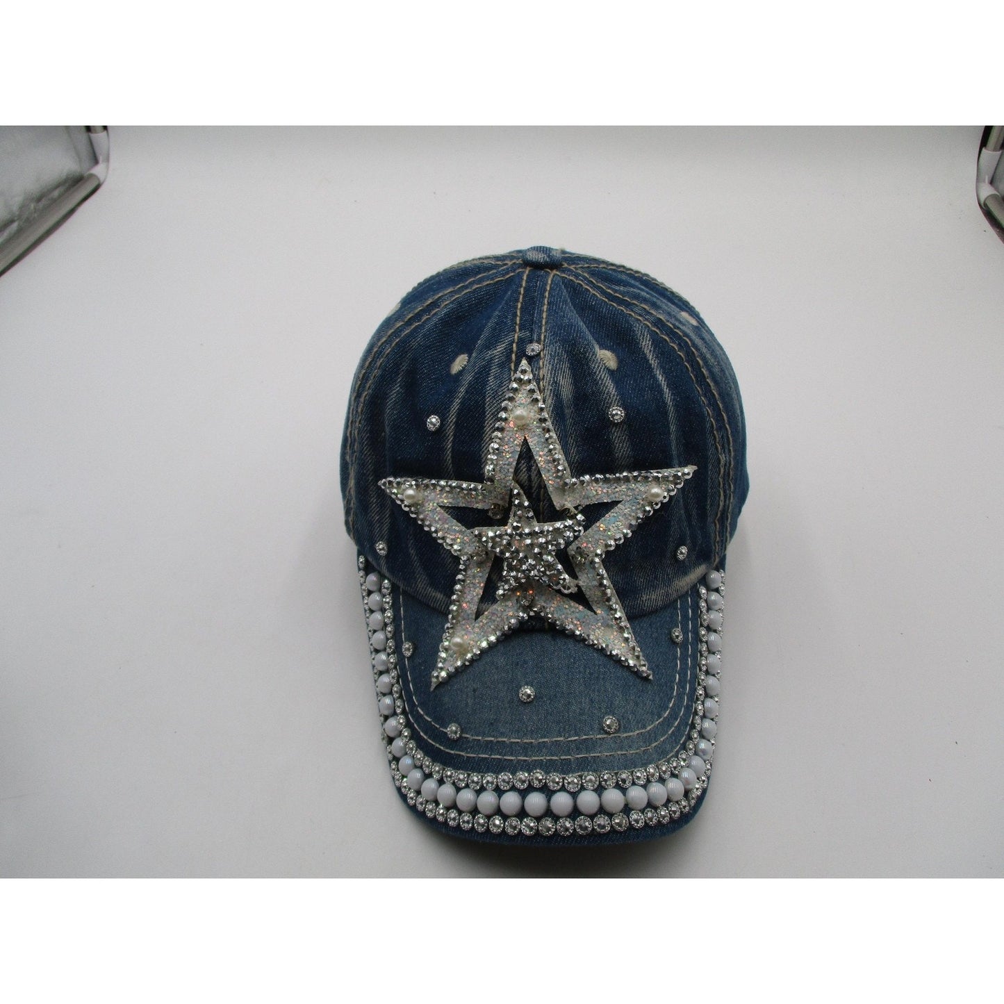 Rhinestone Star Hat Cap Strap Back Blue Denim Beaded Pearl Adjustable Womens