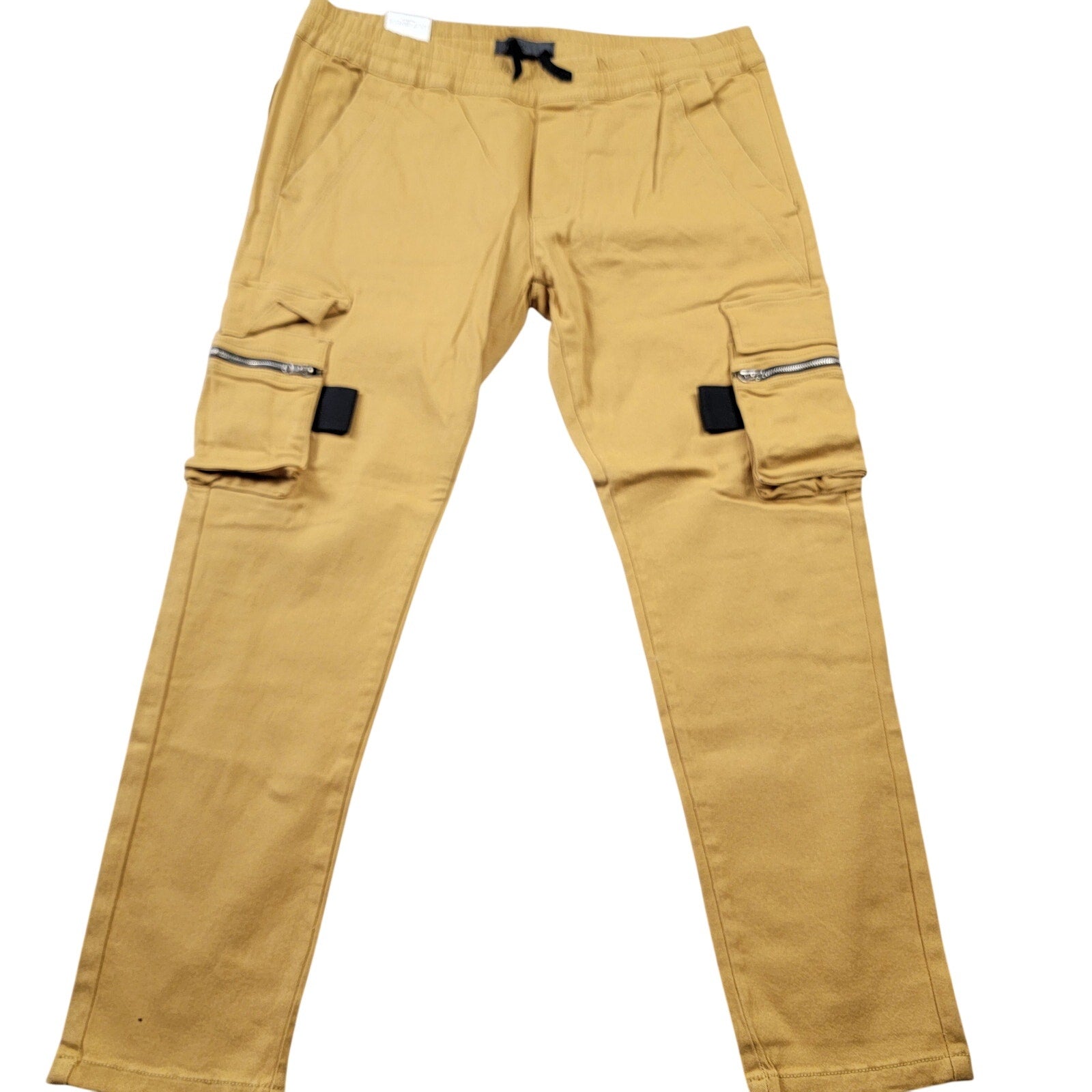 KDNK Mens Skinny Cargo Jogger Pants 3XL Mustard Zip Pockets Drawstring NWT0