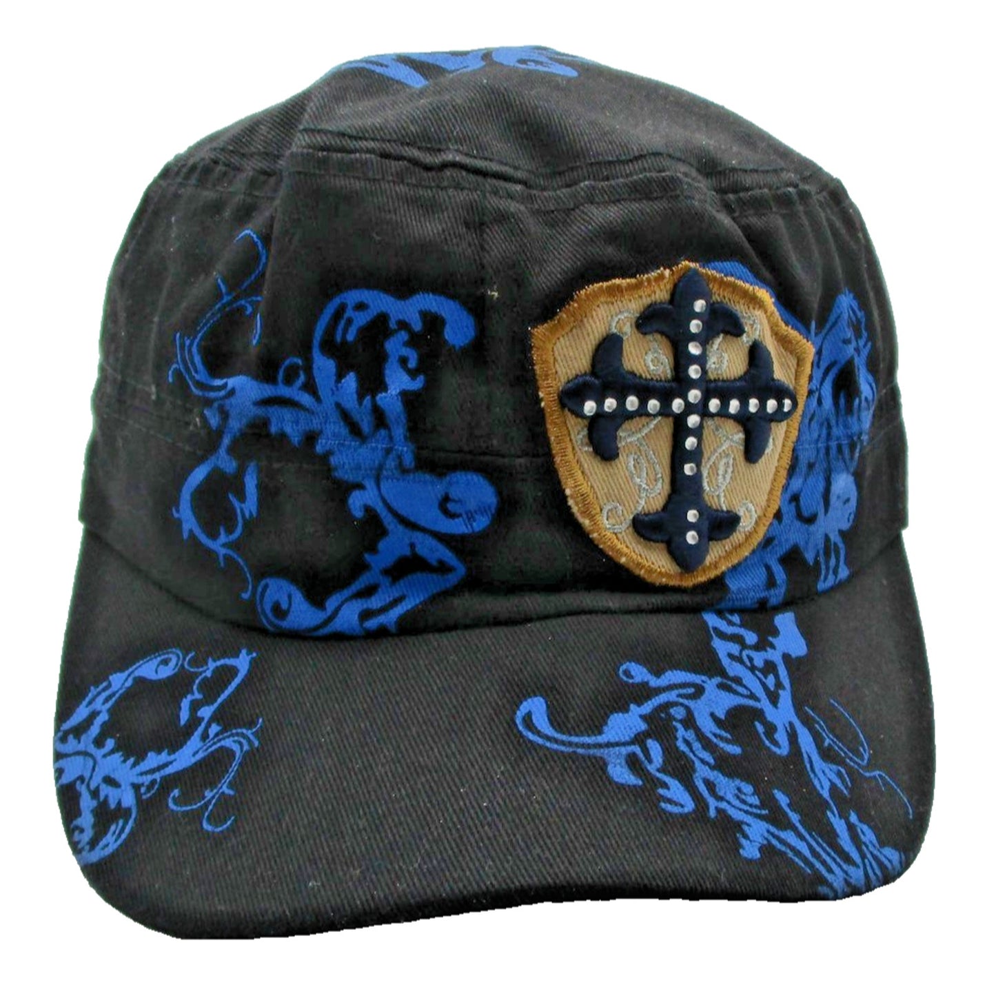 Cross Shield Hat Cap Army Strap Back Mens One Size Black Blue Graphic Studs Y2k